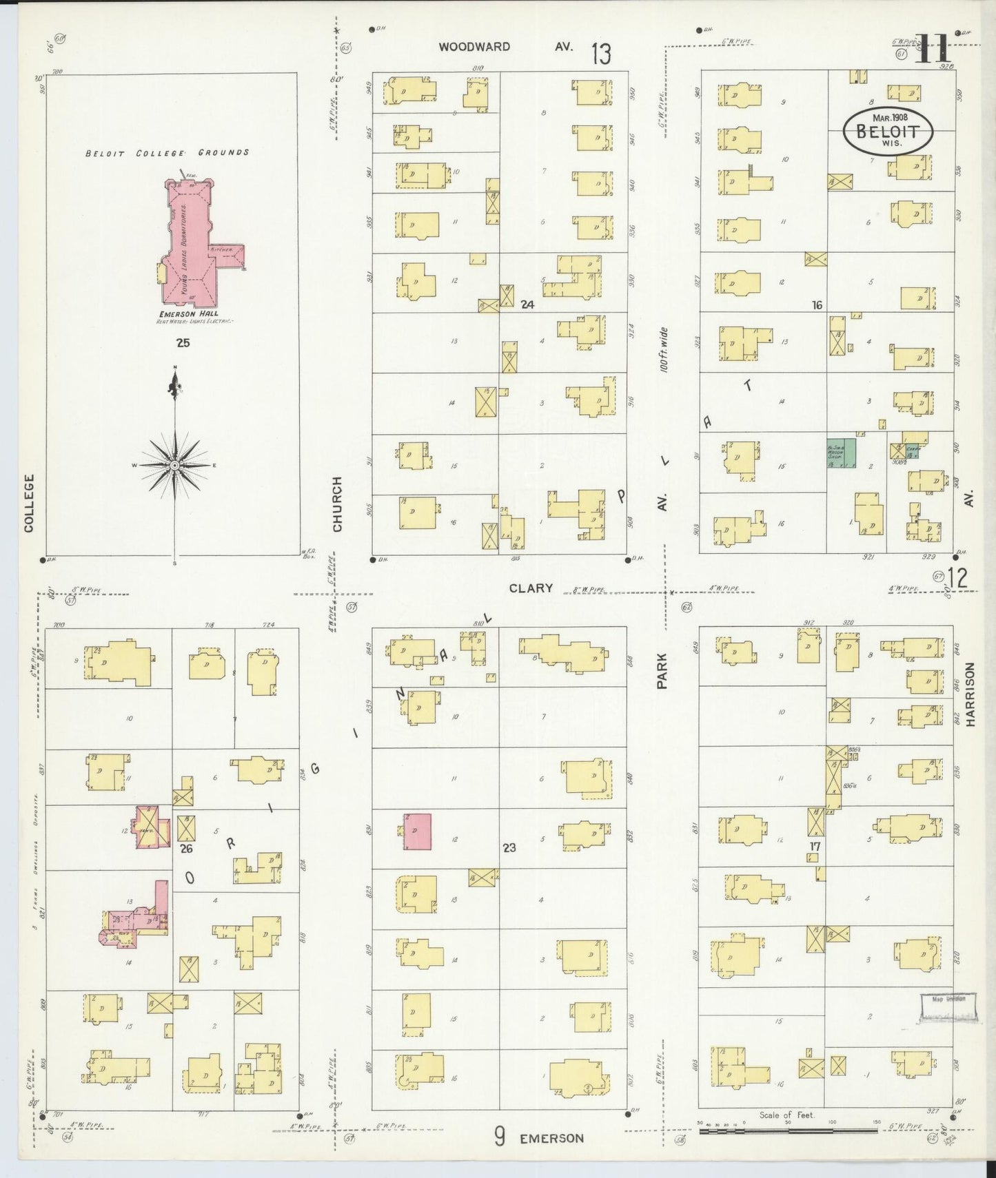 Sanborn Fire Insurance Map from Beloit, Rock County, Wisconsin (1908), Sheet #0011 - Historic Sanborn Fire Insurance Map Print, vintage old map wall art, antique decor, genealogy gift, Wisconsin Wisconsin map