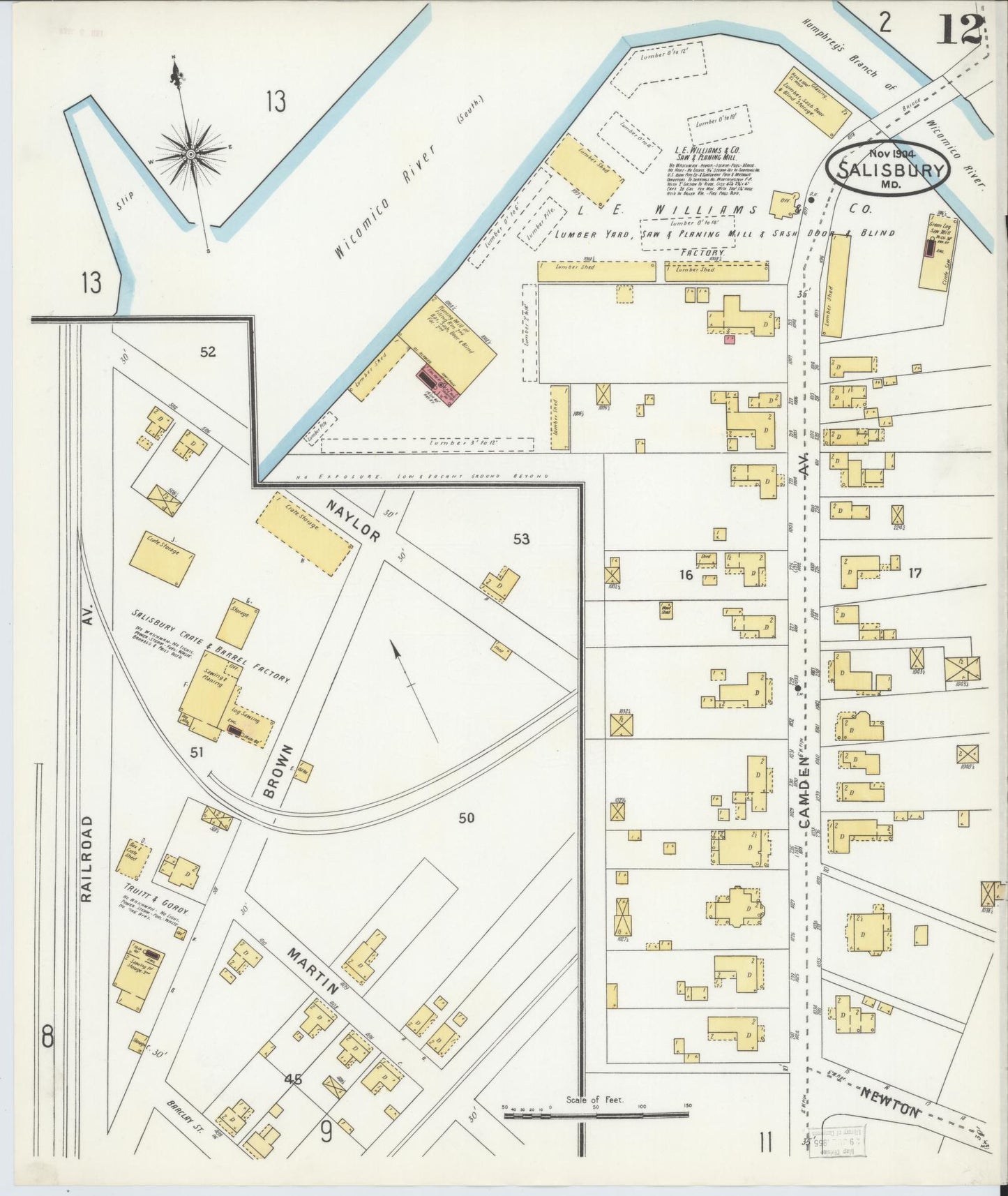 Sanborn Fire Insurance Map from Salisbury, Wicomico County, Maryland (1904), Sheet #0012 - Historic Sanborn Fire Insurance Map Print, vintage old map wall art