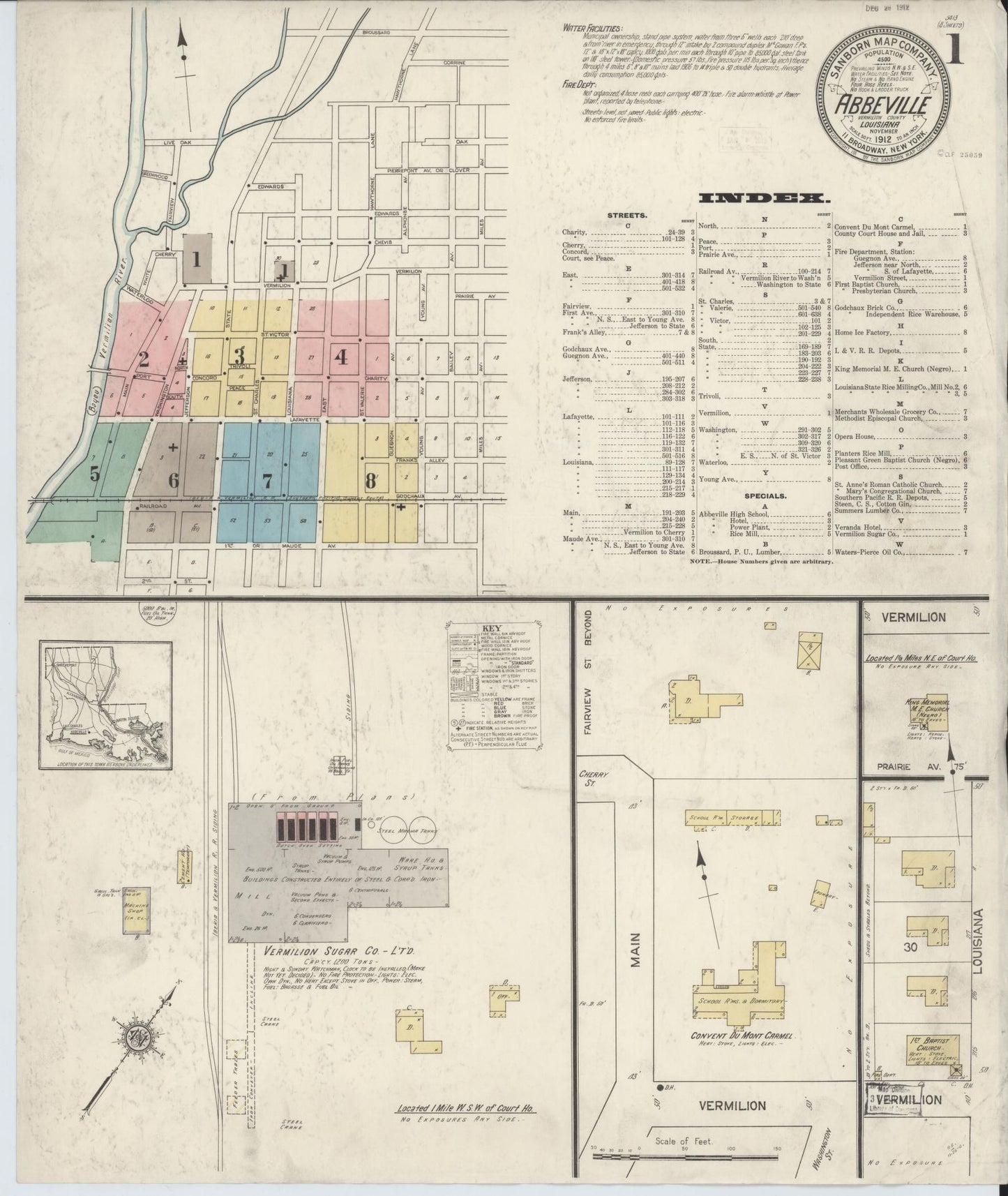 Sanborn Fire Insurance Map from Abbeville, Vermilion Parish, Louisiana (1912), Sheet #0001 - Historic Sanborn Fire Insurance Map Print, vintage old map wall art, antique decor, genealogy gift, Louisiana Louisiana map