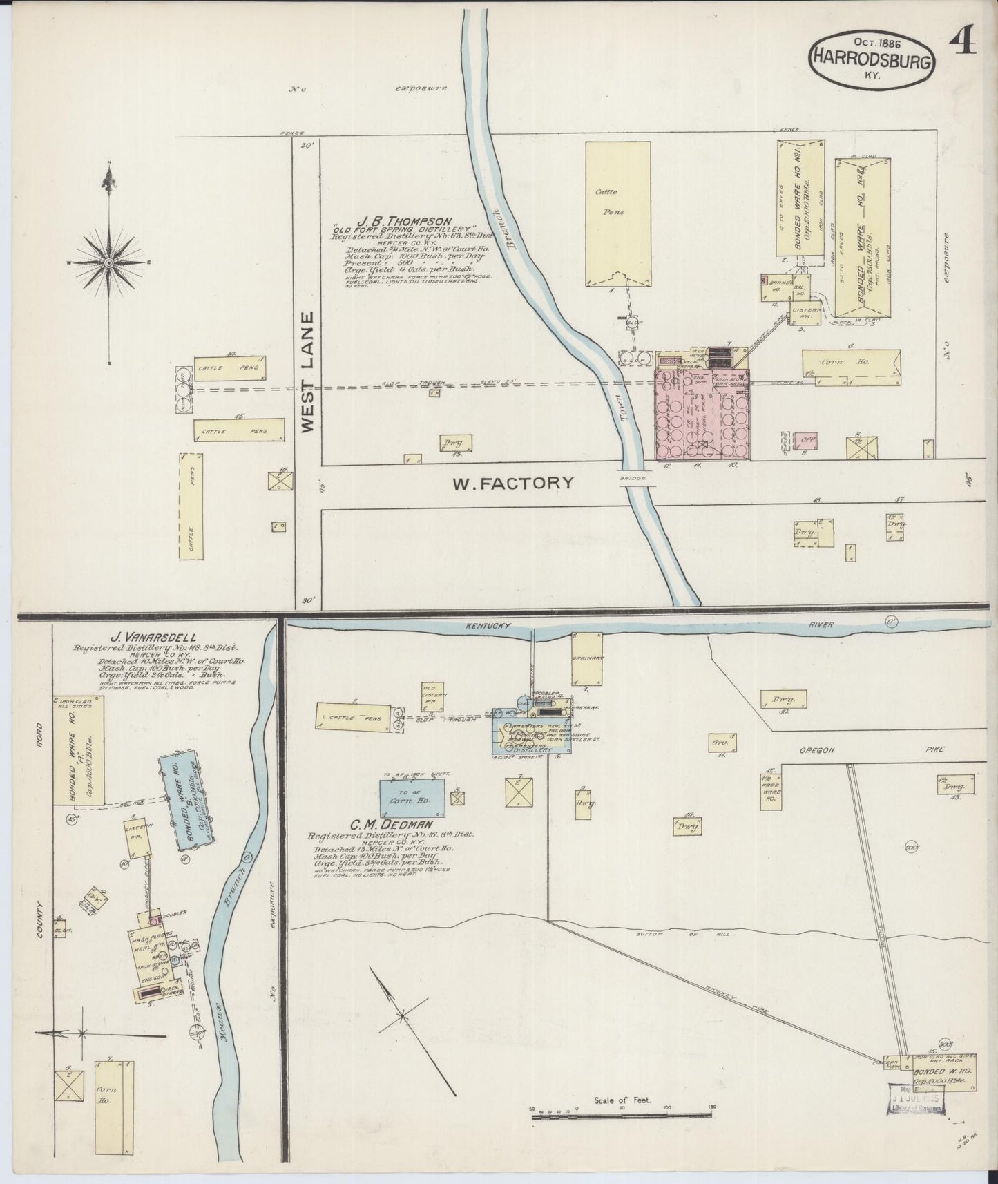 Sanborn Fire Insurance Map from Harrodsburg, Mercer County, Kentucky (1886), Sheet #0004 - Historic Sanborn Fire Insurance Map Print, vintage old map wall art, antique decor, genealogy gift, Kentucky Kentucky map