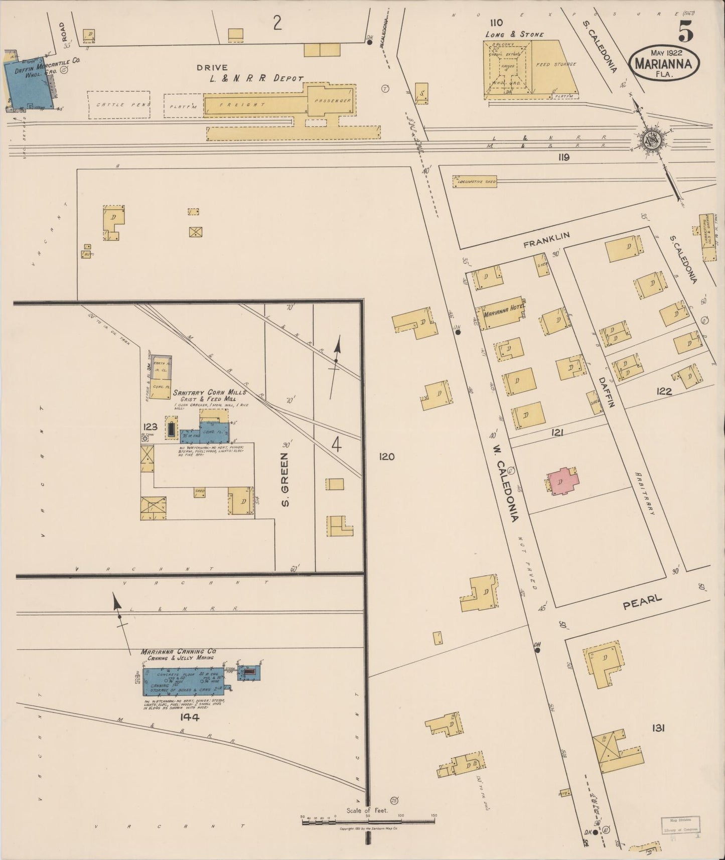 Sanborn Fire Insurance Map from Marianna, Jackson County, Florida (1922), Sheet #0005 - Historic Sanborn Fire Insurance Map Print, vintage old map wall art, antique decor, genealogy gift, Florida Florida map