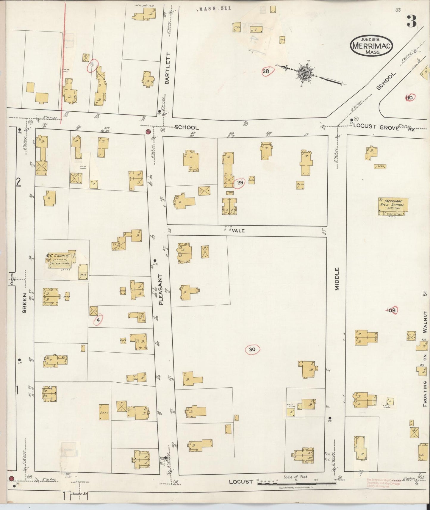 Sanborn Fire Insurance Map from Merrimac, Essex County, Massachusetts (1934), Sheet #0003 - Historic Sanborn Fire Insurance Map Print, vintage old map wall art, antique decor, genealogy gift, Massachusetts Massachusetts map