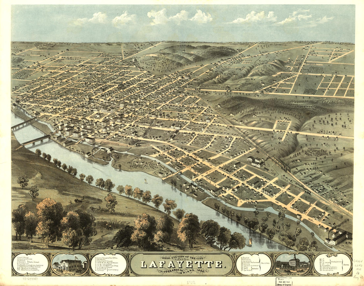 Bird's eye view of the city of Lafayette, Tippecanoe Co., Indiana 1868. (1868) – Historic Bird’s-Eye View Panorama Print