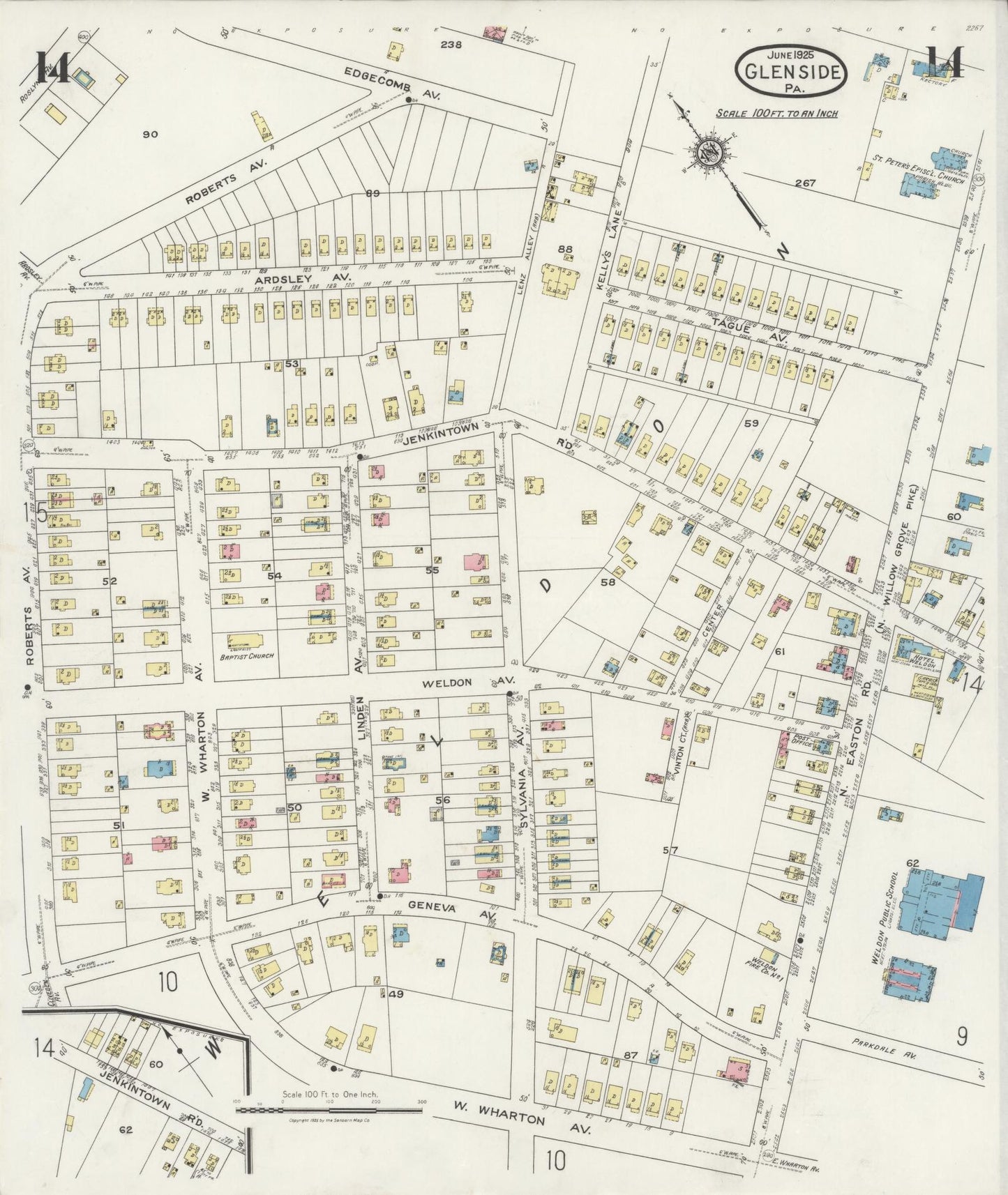 Sanborn Fire Insurance Map from Glenside, Montgomery County, Pennsylvania (1925), Sheet #0014 - Historic Sanborn Fire Insurance Map Print, vintage old map wall art, antique decor, genealogy gift, Pennsylvania Pennsylvania map