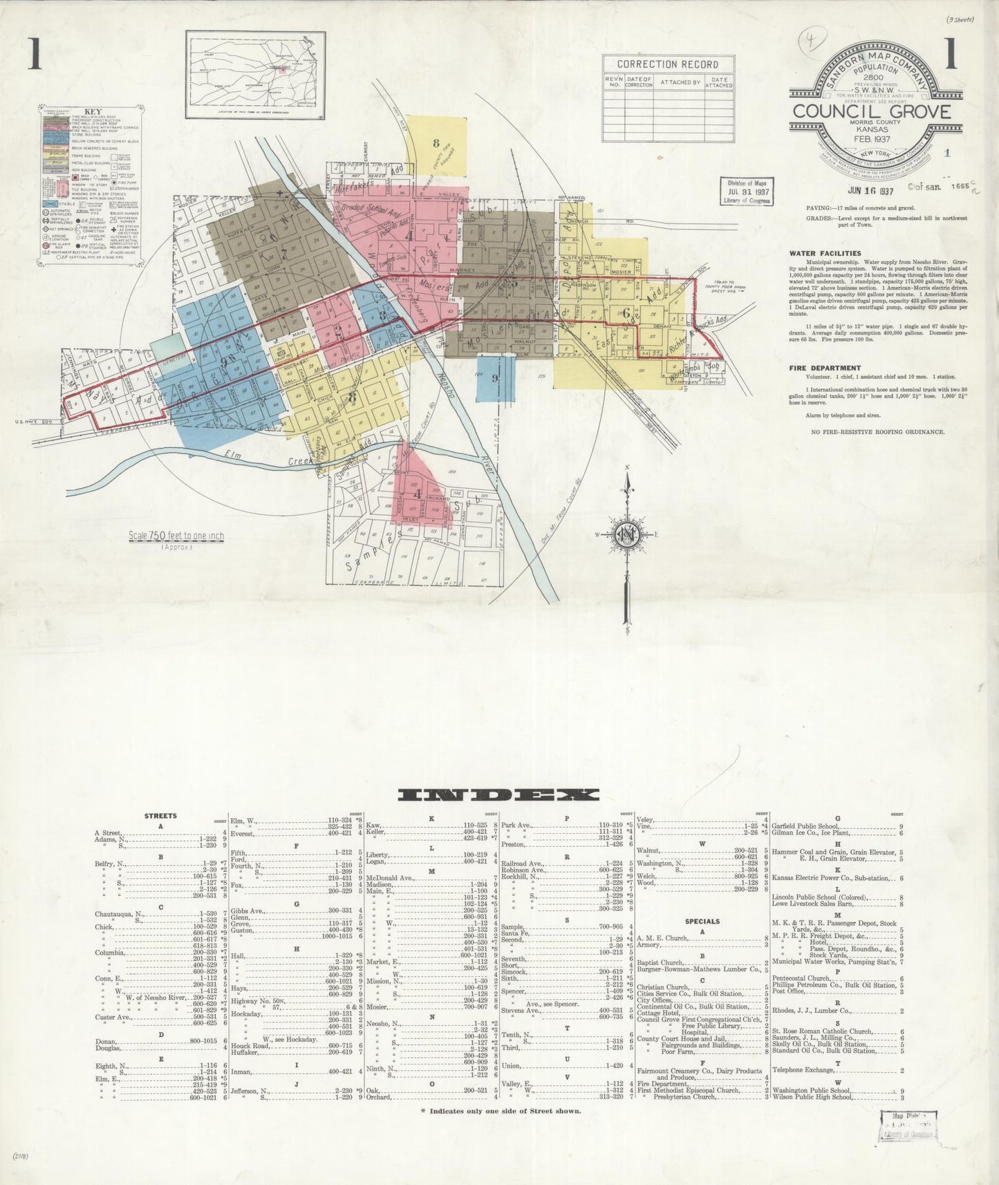 Sanborn Fire Insurance Map from Council Grove, Morris County, Kansas (1937), Sheet #0001 - Historic Sanborn Fire Insurance Map Print, vintage old map wall art, antique decor, genealogy gift, Kansas Kansas map
