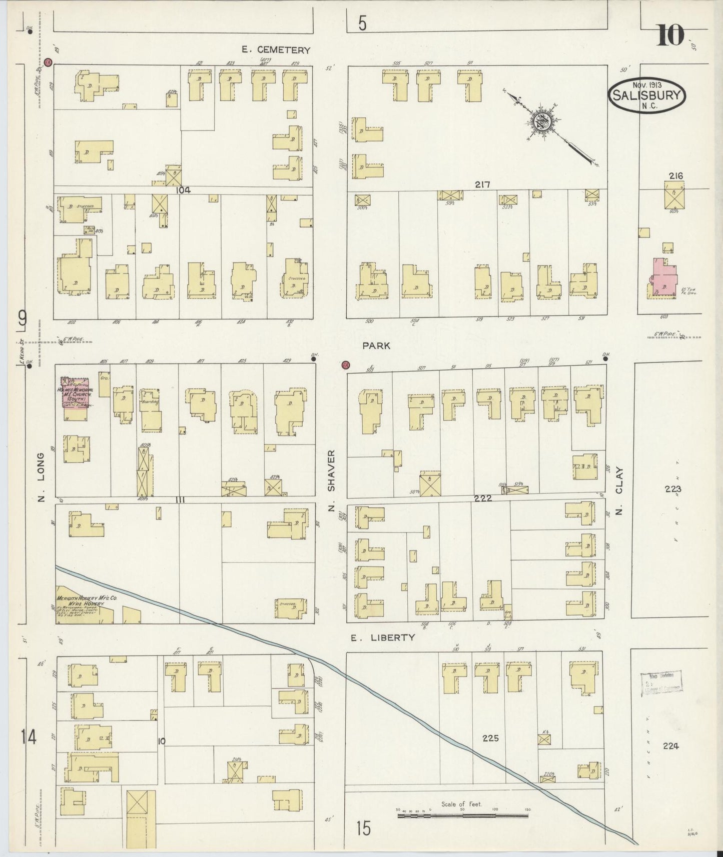 Sanborn Fire Insurance Map from Salisbury, Rowan County, North Carolina (1913), Sheet #0010 - Historic Sanborn Fire Insurance Map Print, vintage old map wall art, antique decor, genealogy gift, North Carolina North Carolina map