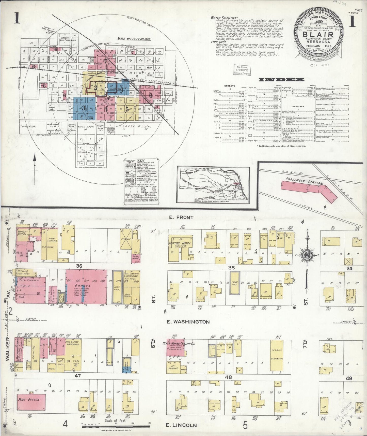 Sanborn Fire Insurance Map from Blair, Washington County, Nebraska (1923), Sheet #0001 - Historic Sanborn Fire Insurance Map Print, vintage old map wall art, antique decor, genealogy gift, Nebraska Nebraska map