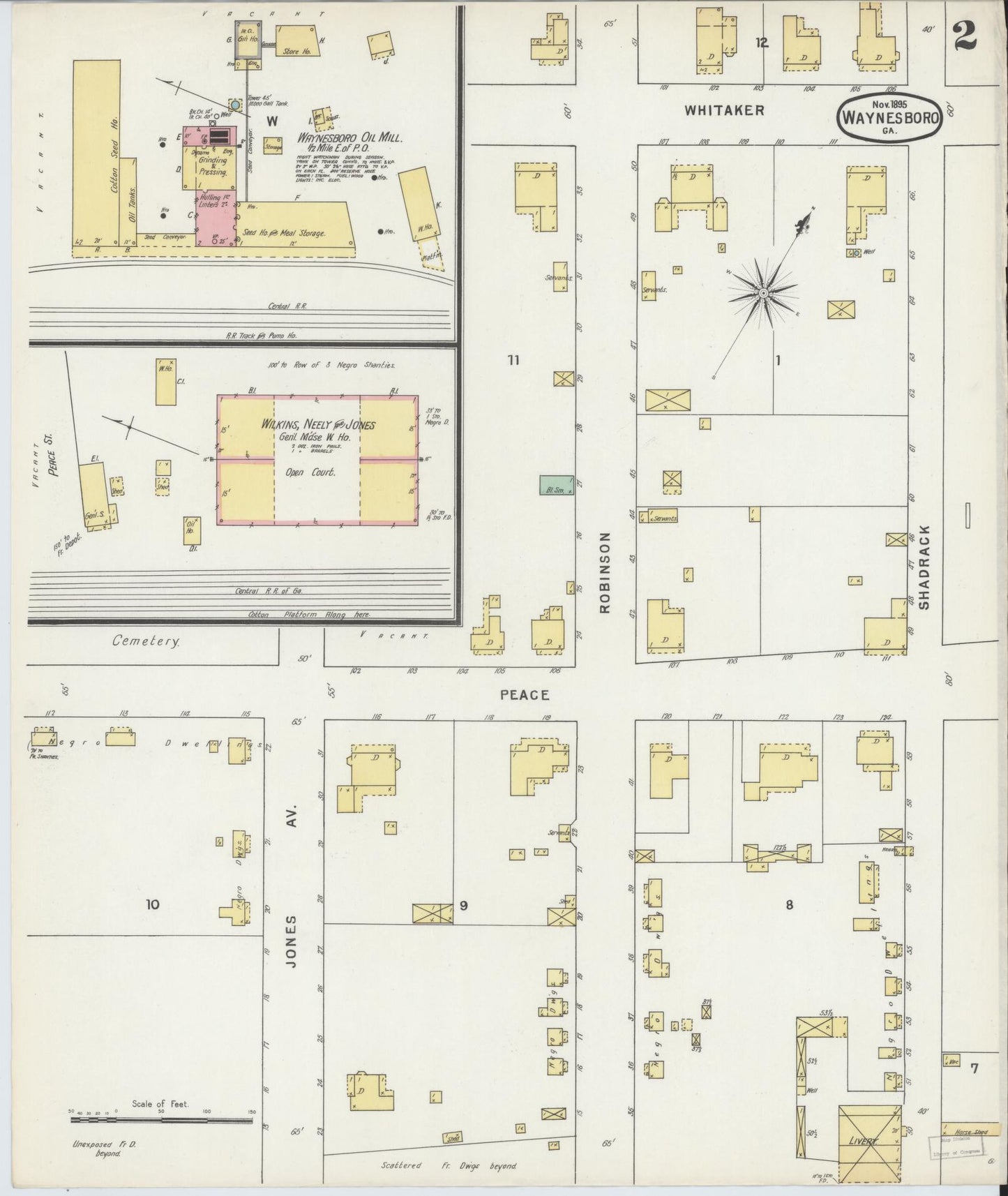 Sanborn Fire Insurance Map from Waynesboro, Burke County, Georgia (1895), Sheet #0002 - Historic Sanborn Fire Insurance Map Print, vintage old map wall art, antique decor, genealogy gift, Georgia Georgia map
