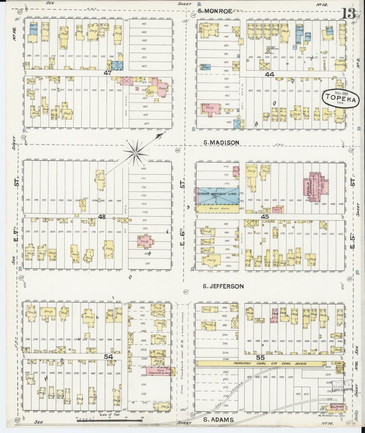 Sanborn Fire Insurance Map from Topeka, Shawnee County, Kansas (1889), Sheet #0014 - Historic Sanborn Fire Insurance Map Print, vintage old map wall art, antique decor, genealogy gift, Kansas Kansas map