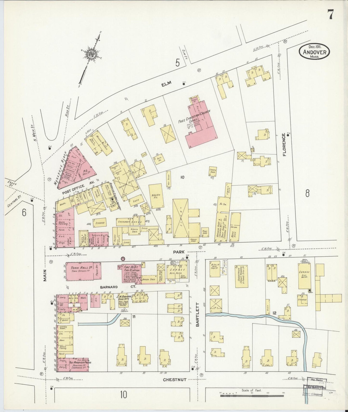 Sanborn Fire Insurance Map from Andover, Essex County, Massachusetts (1911), Sheet #0007 - Historic Sanborn Fire Insurance Map Print, vintage old map wall art, antique decor, genealogy gift, Massachusetts Massachusetts map