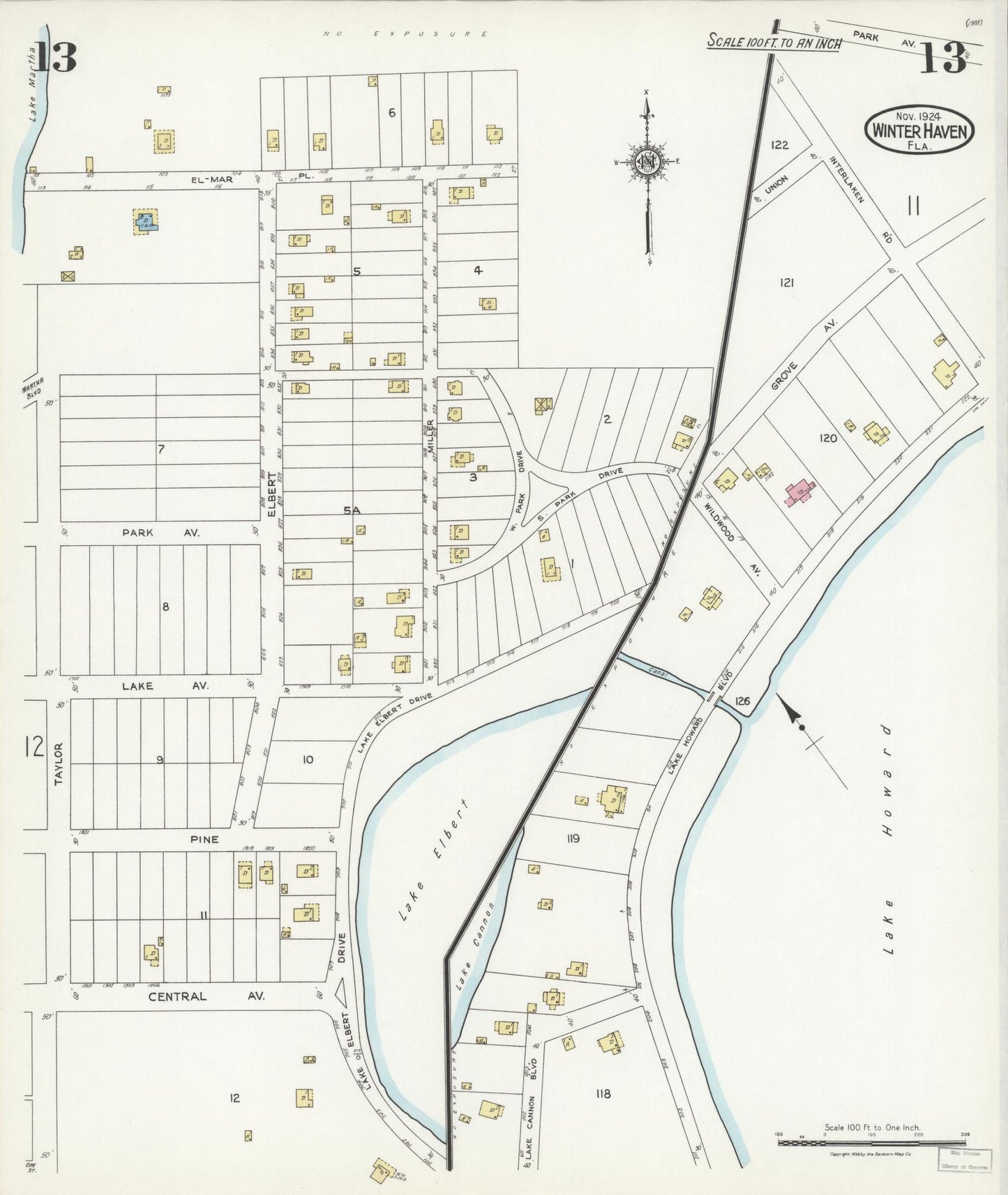 Sanborn Fire Insurance Map from Winter Haven, Polk County, Florida (1924), Sheet #0013 - Historic Sanborn Fire Insurance Map Print, vintage old map wall art, antique decor, genealogy gift, Florida Florida map
