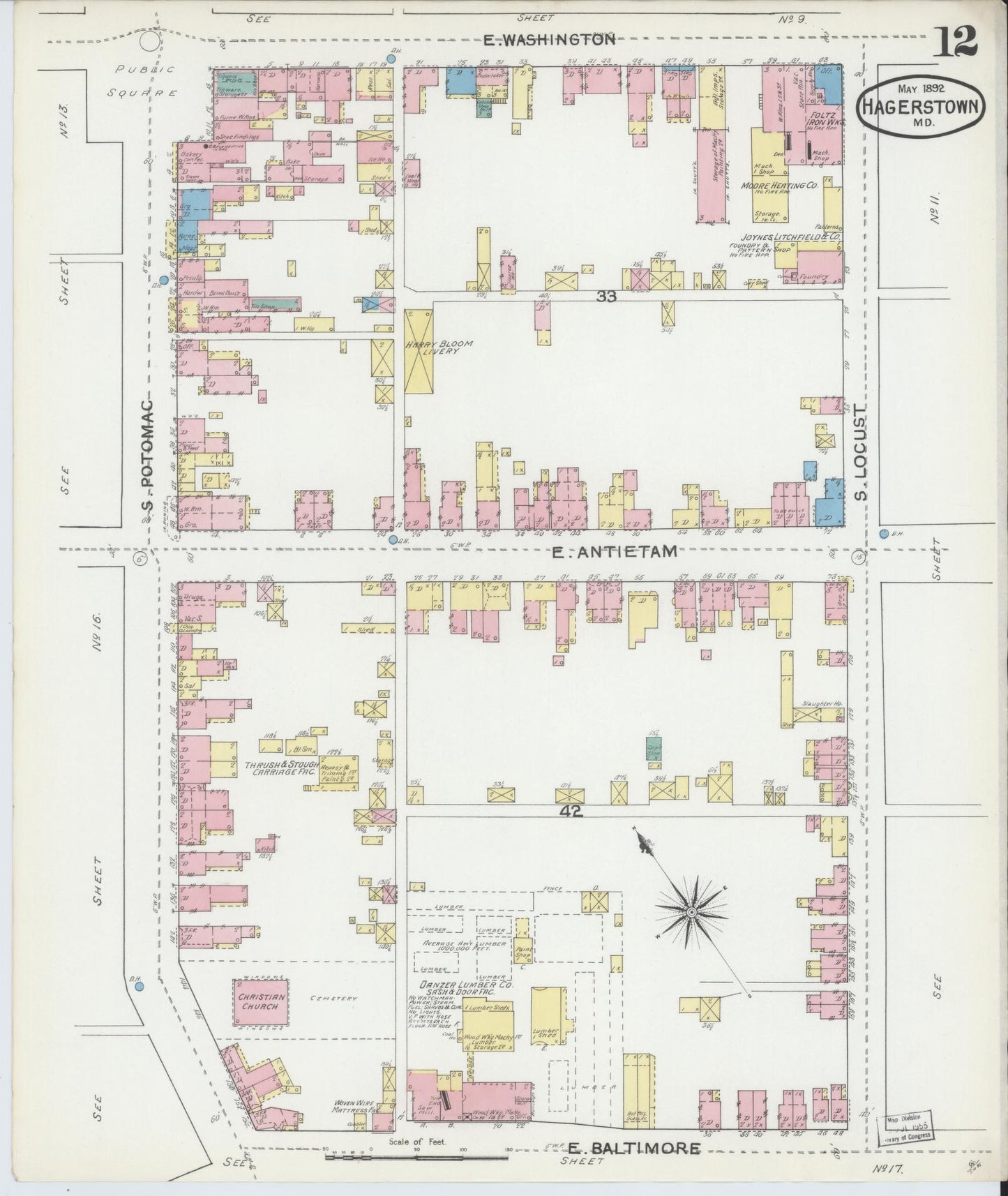 Washington, Maryland - 1892 - Sanborn Fire Insurance Map, Sheet #0012 - Historic Sanborn Fire Insurance Map Print, Washington Maryland 1892 0012 vintage old map wall art