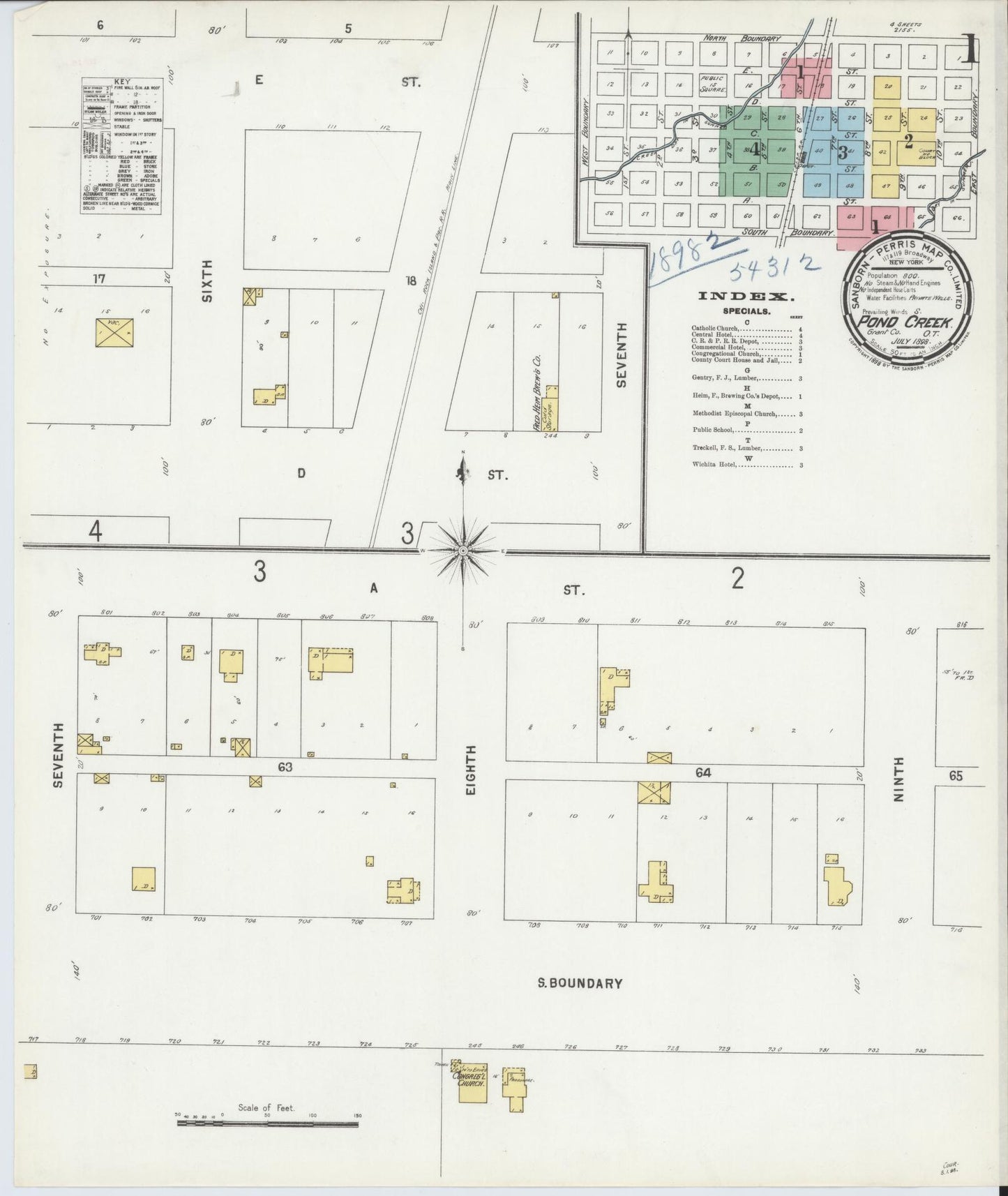 Sanborn Fire Insurance Map from Pond Creek, Grant County, Oklahoma (1898), Sheet #0001 - Historic Sanborn Fire Insurance Map Print, vintage old map wall art, antique decor, genealogy gift, Oklahoma Oklahoma map