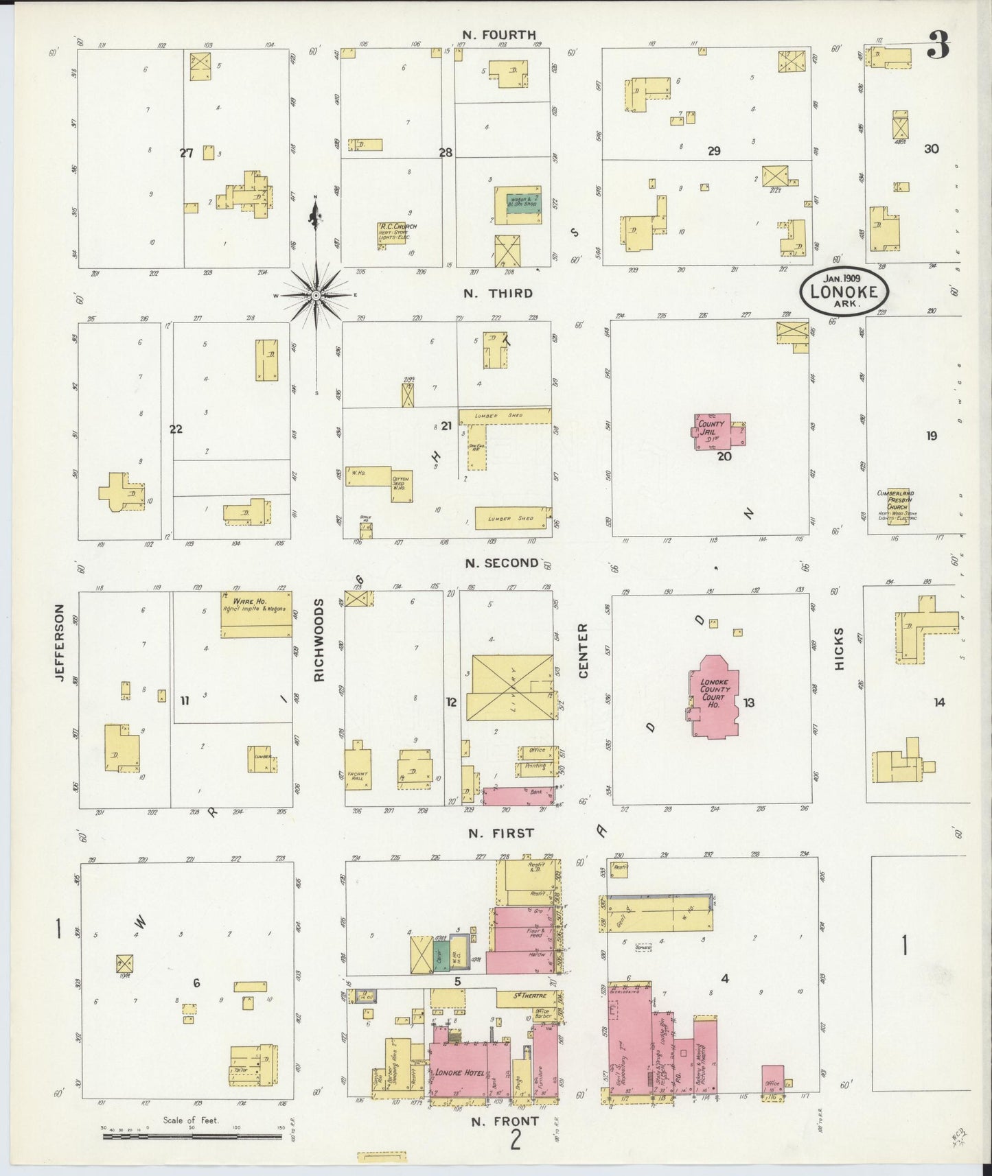 Sanborn Fire Insurance Map from Lonoke, Lonoke County, Arkansas (1909), Sheet #0003 - Historic Sanborn Fire Insurance Map Print, vintage old map wall art, antique decor, genealogy gift, Arkansas Arkansas map