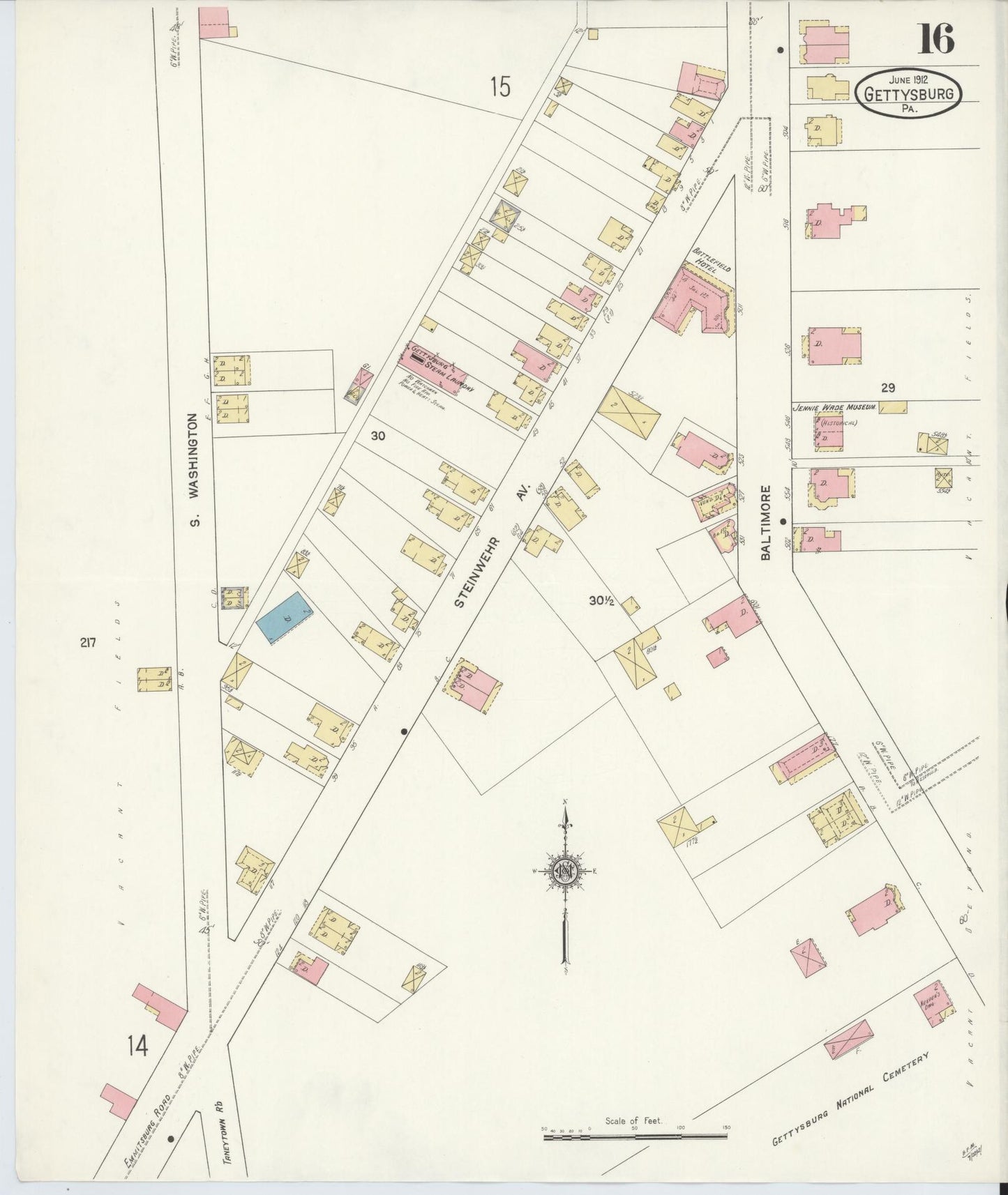 Sanborn Fire Insurance Map from Gettysburg, Adams County, Pennsylvania (1912), Sheet #0016 - Historic Sanborn Fire Insurance Map Print, vintage old map wall art, antique decor, genealogy gift, Pennsylvania Pennsylvania map