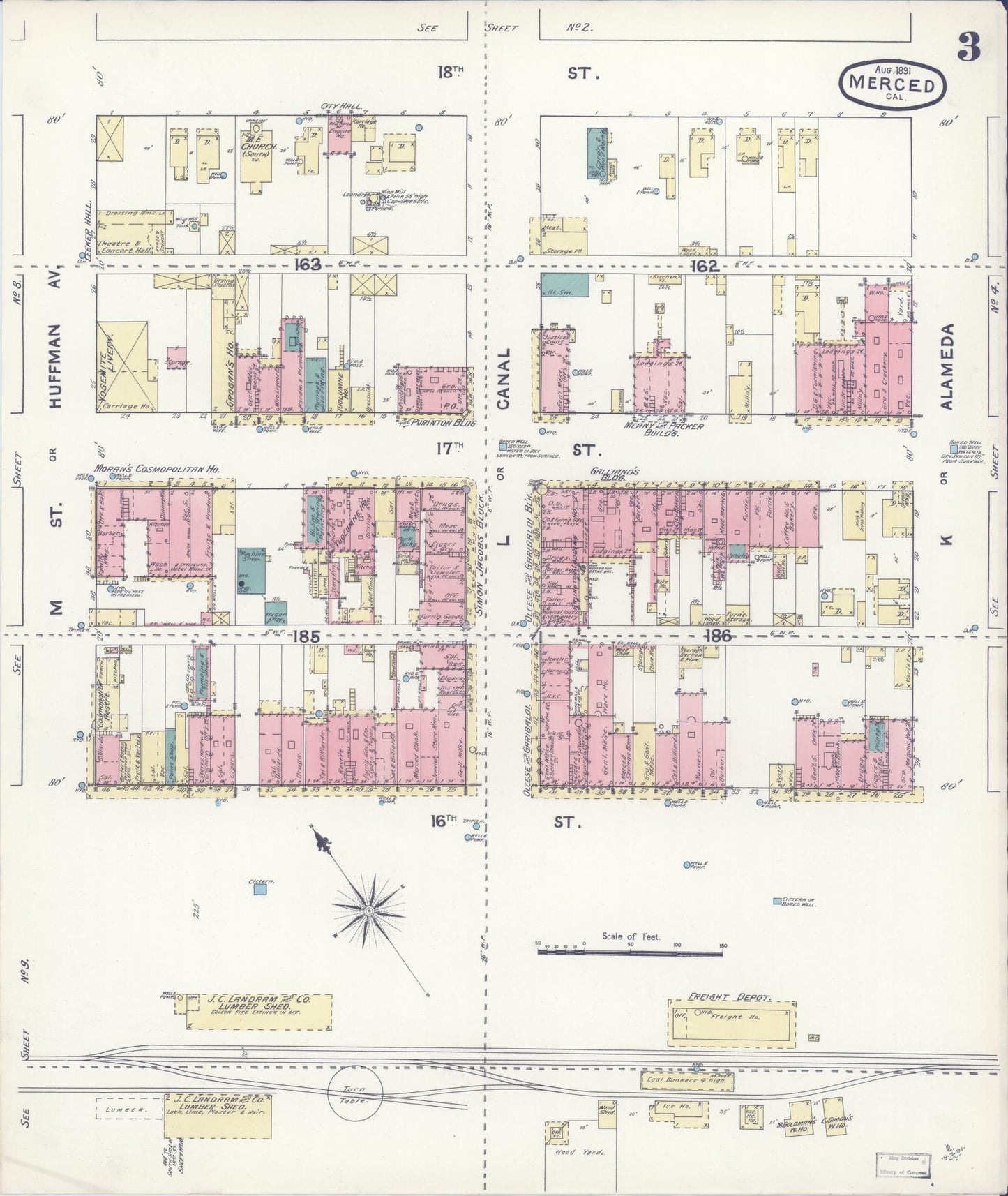 Sanborn Fire Insurance Map from Merced, Merced County, California (1891), Sheet #0003 - Historic Sanborn Fire Insurance Map Print, vintage old map wall art, antique decor, genealogy gift, California California map