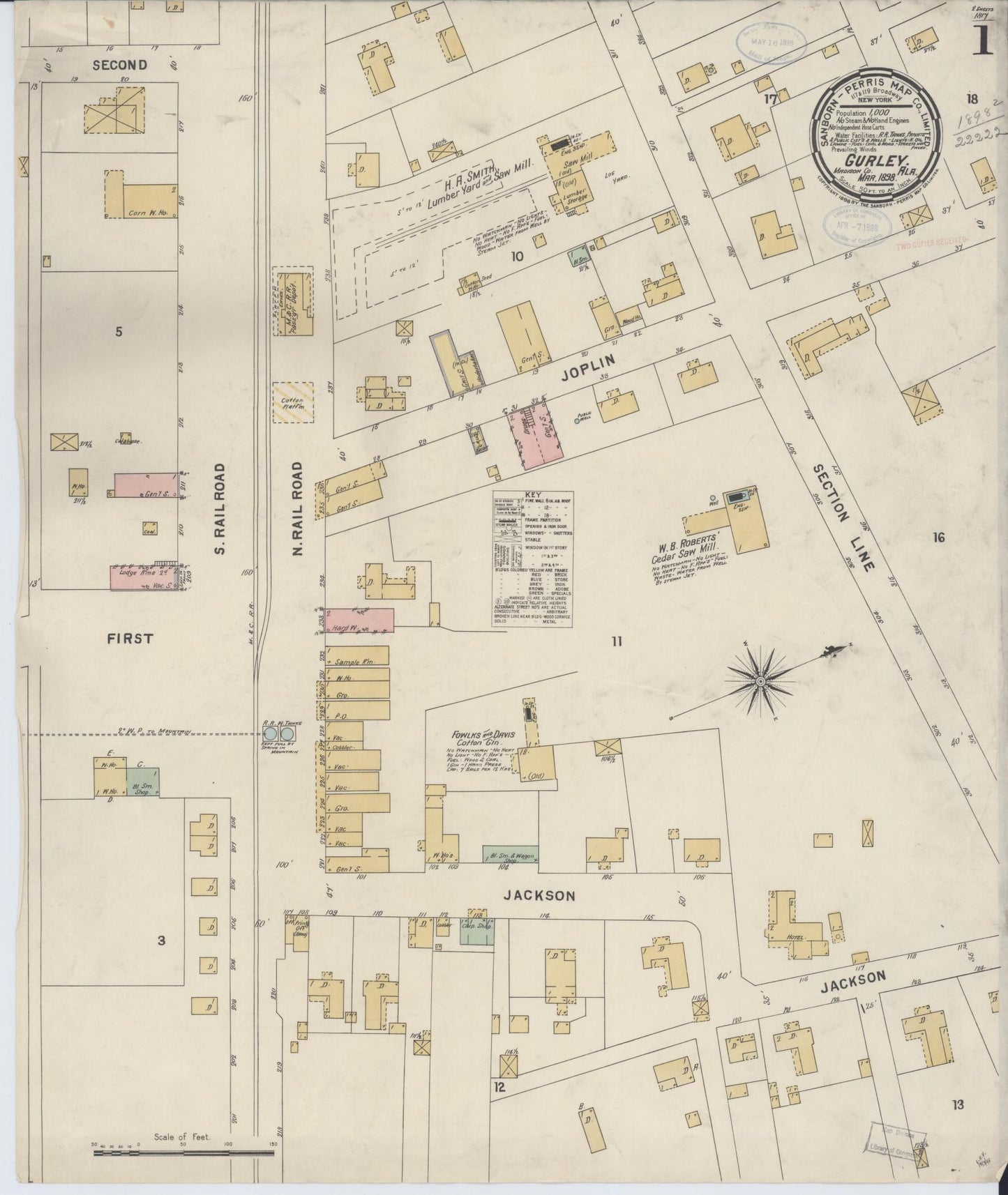 Sanborn Fire Insurance Map from Gurley, Madison County, Alabama (1898), Sheet #0001 - Historic Sanborn Fire Insurance Map Print, vintage old map wall art, antique decor, genealogy gift, Alabama Alabama map