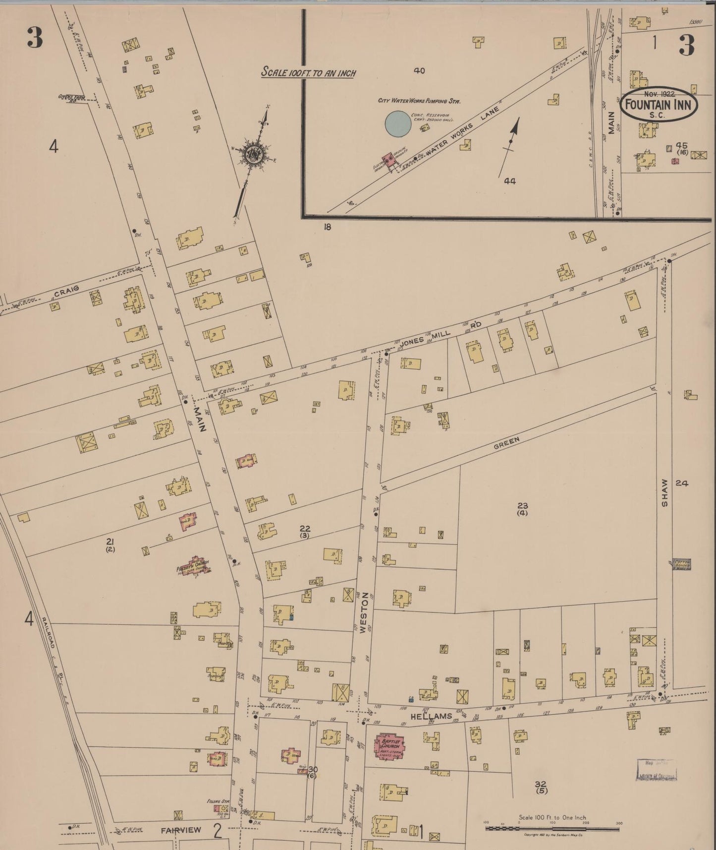 Sanborn Fire Insurance Map from Fountain Inn, Greenville And Laurens County, South Carolina (1922), Sheet #0003 - Historic Sanborn Fire Insurance Map Print, vintage old map wall art, antique decor, genealogy gift, South Carolina South Carolina map