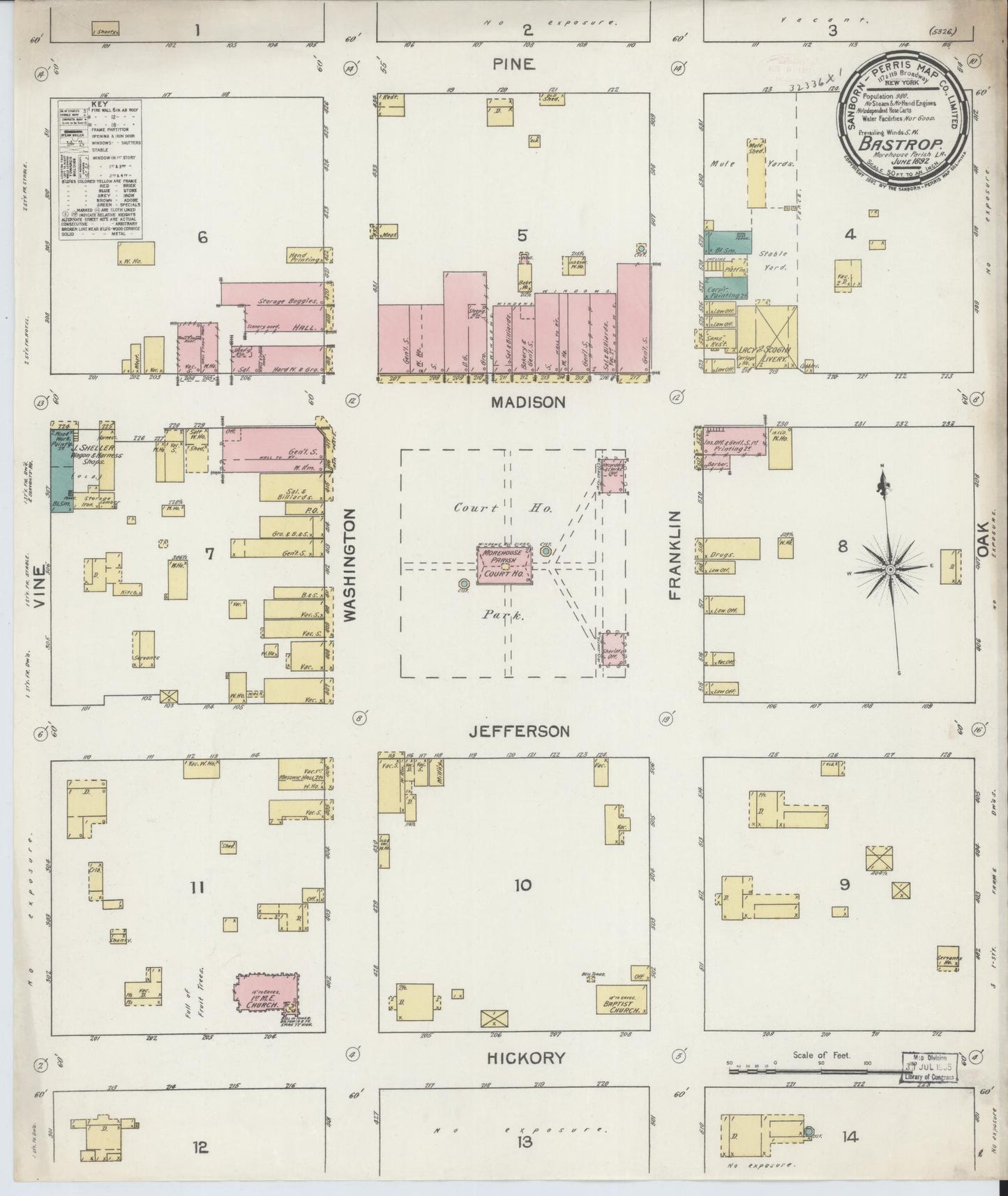 Sanborn Fire Insurance Map from Bastrop, Morehouse Parish, Louisiana (1892), Sheet #0001 - Historic Sanborn Fire Insurance Map Print, vintage old map wall art, antique decor, genealogy gift, Louisiana Louisiana map