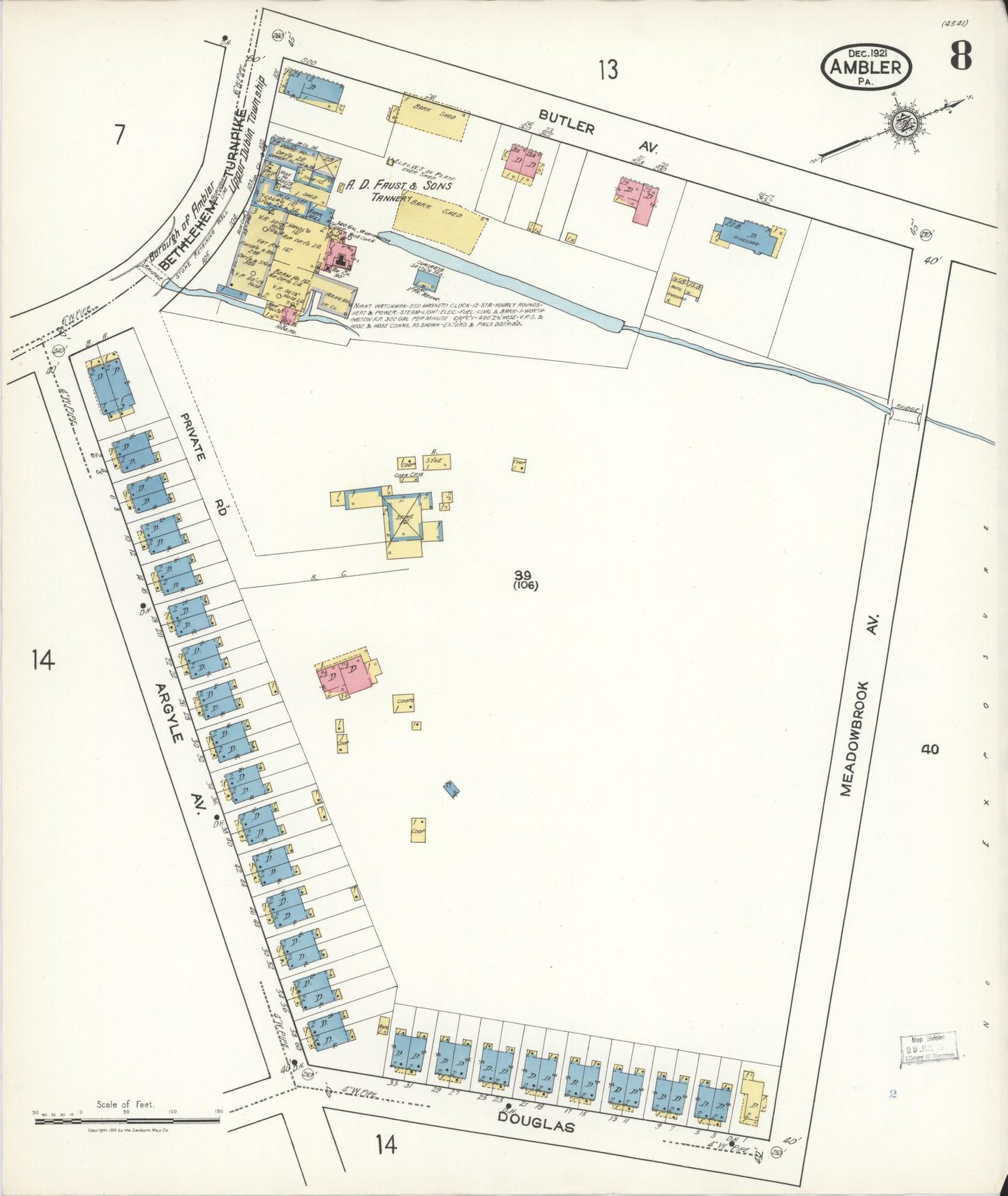 Sanborn Fire Insurance Map from Ambler, Montgomery County, Pennsylvania (1921), Sheet #0008 - Historic Sanborn Fire Insurance Map Print, vintage old map wall art, antique decor, genealogy gift, Pennsylvania Pennsylvania map