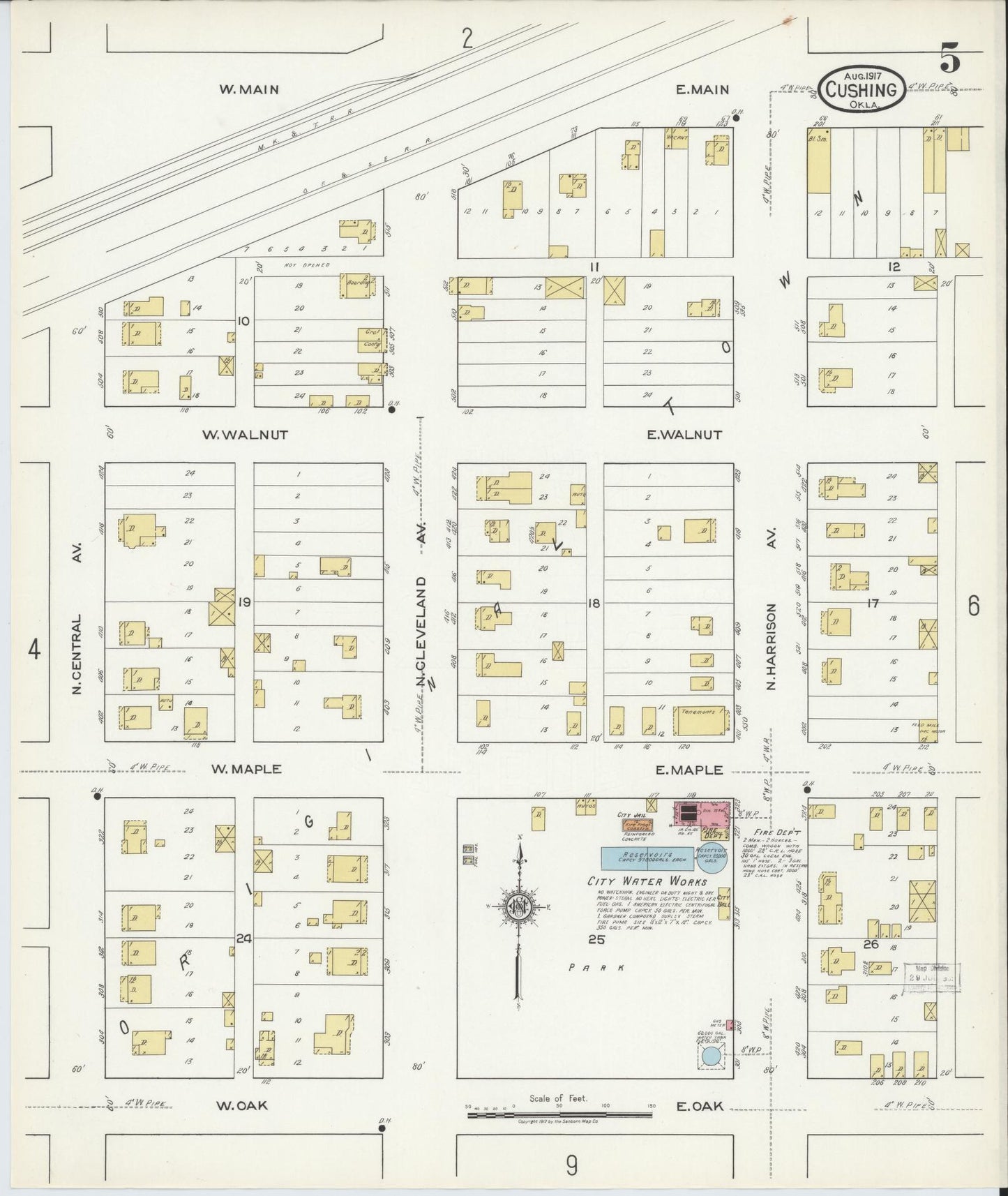 Sanborn Fire Insurance Map from Cushing, Payne County, Oklahoma (1917), Sheet #0005 - Historic Sanborn Fire Insurance Map Print, vintage old map wall art, antique decor, genealogy gift, Oklahoma Oklahoma map