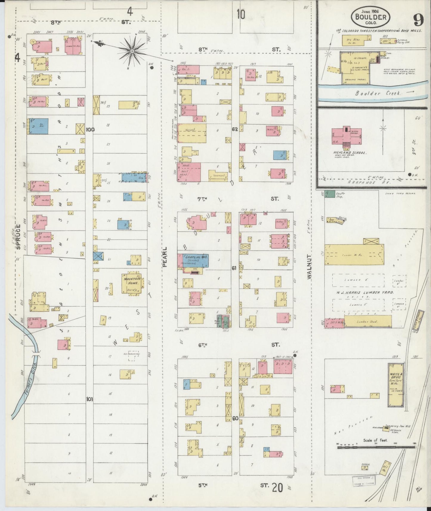 Sanborn Fire Insurance Map from Boulder, Boulder County, Colorado (1906), Sheet #0009 - Historic Sanborn Fire Insurance Map Print, vintage old map wall art, antique decor, genealogy gift, Colorado Colorado map