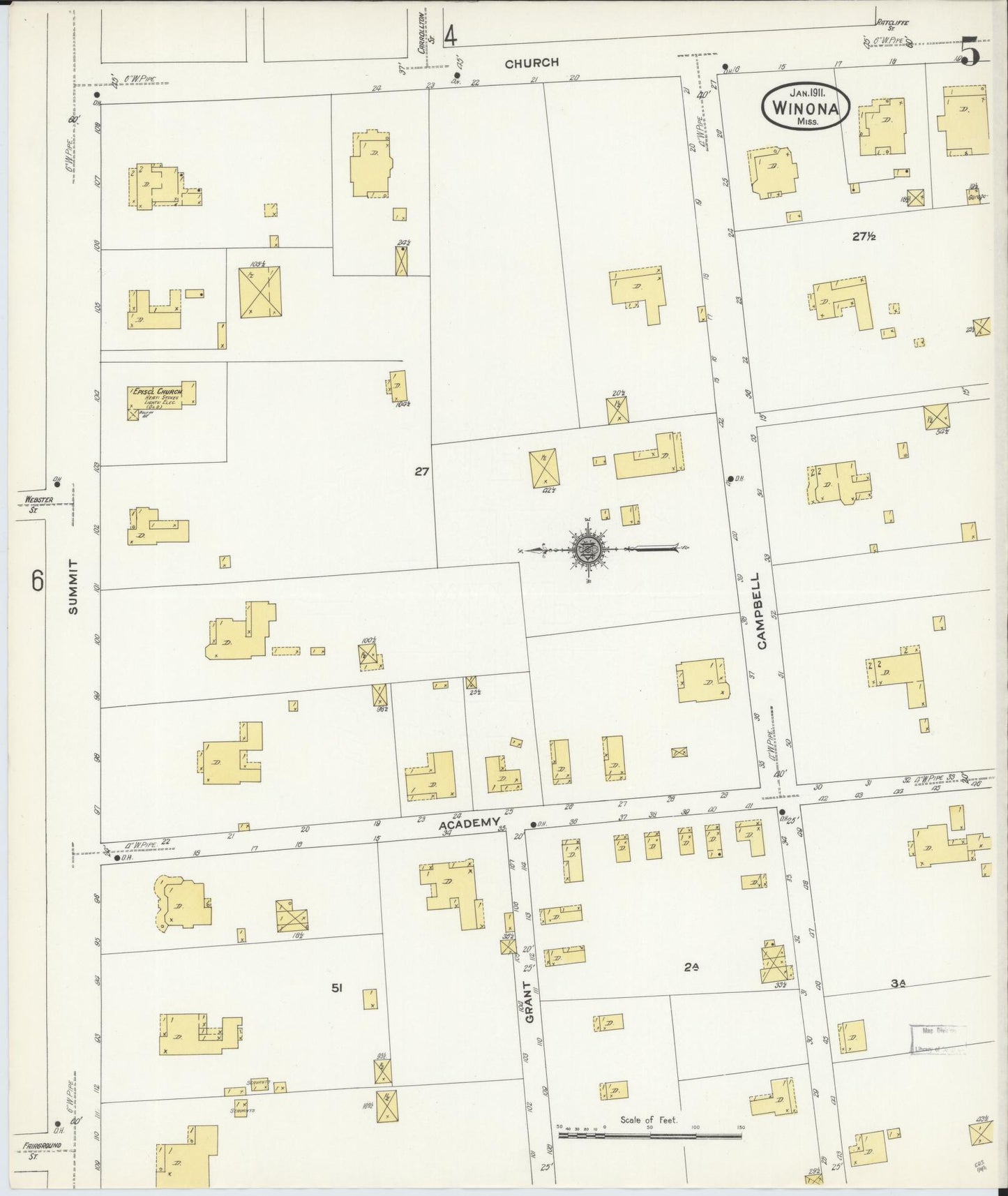 Sanborn Fire Insurance Map from Winona, Montgomery County, Mississippi (1911), Sheet #0005 - Historic Sanborn Fire Insurance Map Print, vintage old map wall art, antique decor, genealogy gift, Mississippi Mississippi map
