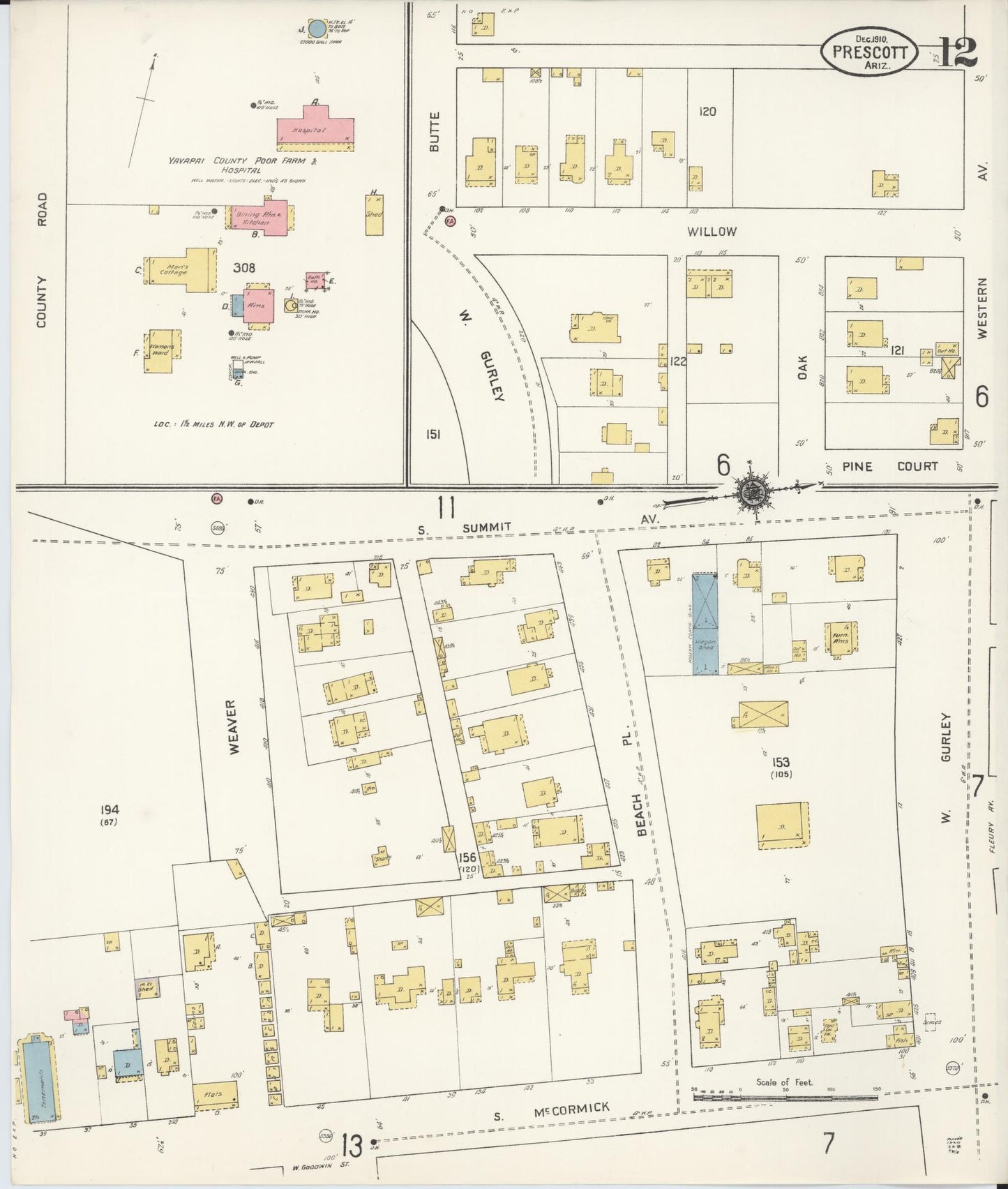 Sanborn Fire Insurance Map from Prescott, Yavapai County, Arizona (1910), Sheet #0012 - Historic Sanborn Fire Insurance Map Print, vintage old map wall art, antique decor, genealogy gift, Arizona Arizona map