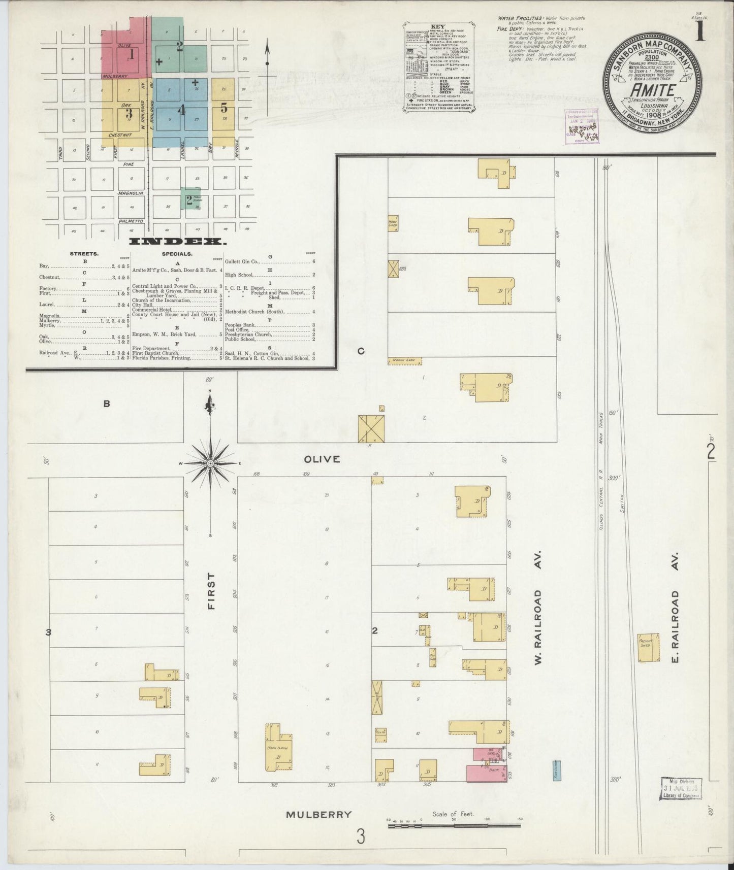 Sanborn Fire Insurance Map from Amite, Tangipahoa Parish, Louisiana (1908), Sheet #0001 - Historic Sanborn Fire Insurance Map Print, vintage old map wall art, antique decor, genealogy gift, Louisiana Louisiana map