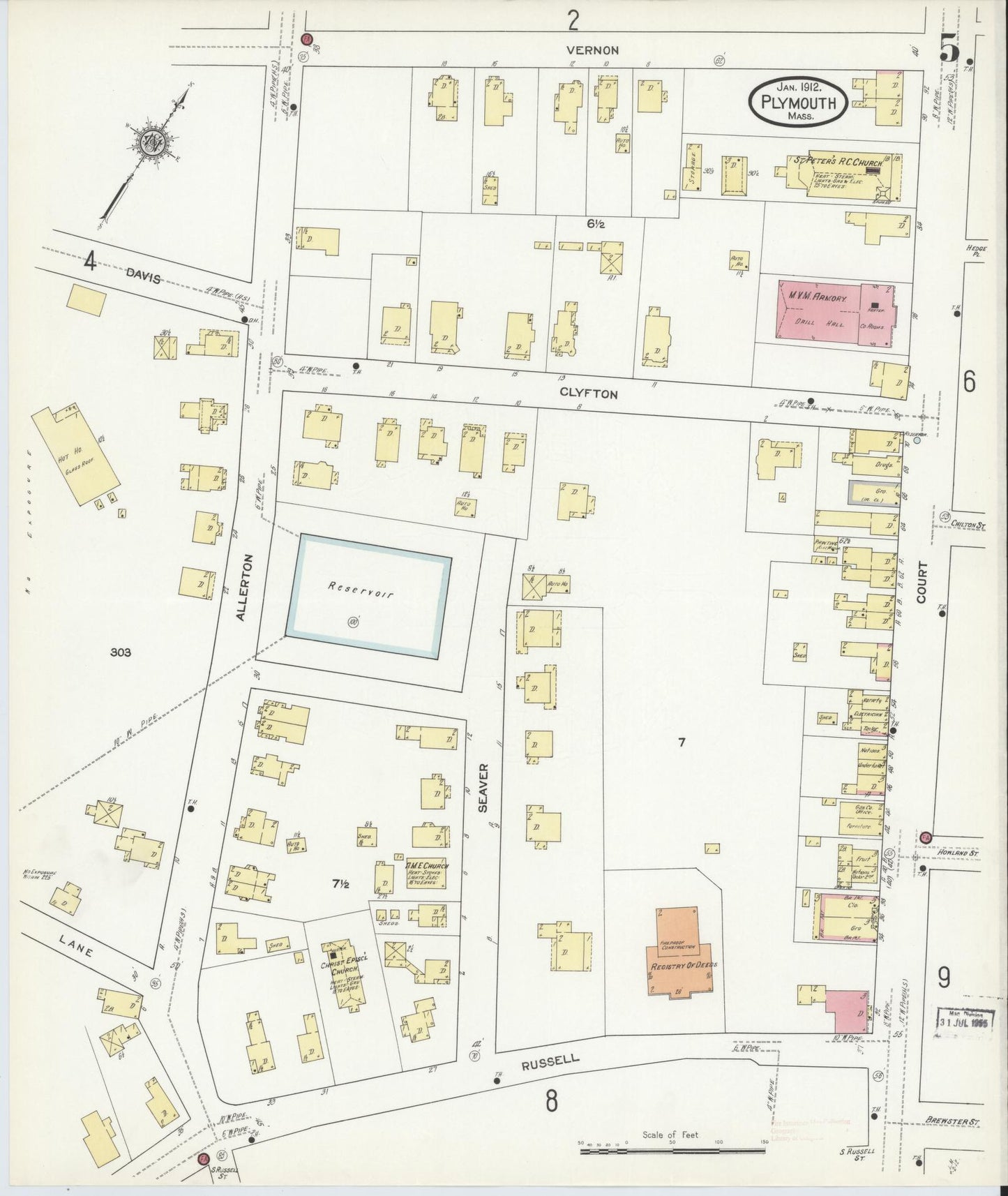 Sanborn Fire Insurance Map from Plymouth, Plymouth County, Massachusetts (1912), Sheet #0005 - Historic Sanborn Fire Insurance Map Print, vintage old map wall art, antique decor, genealogy gift, Massachusetts Massachusetts map