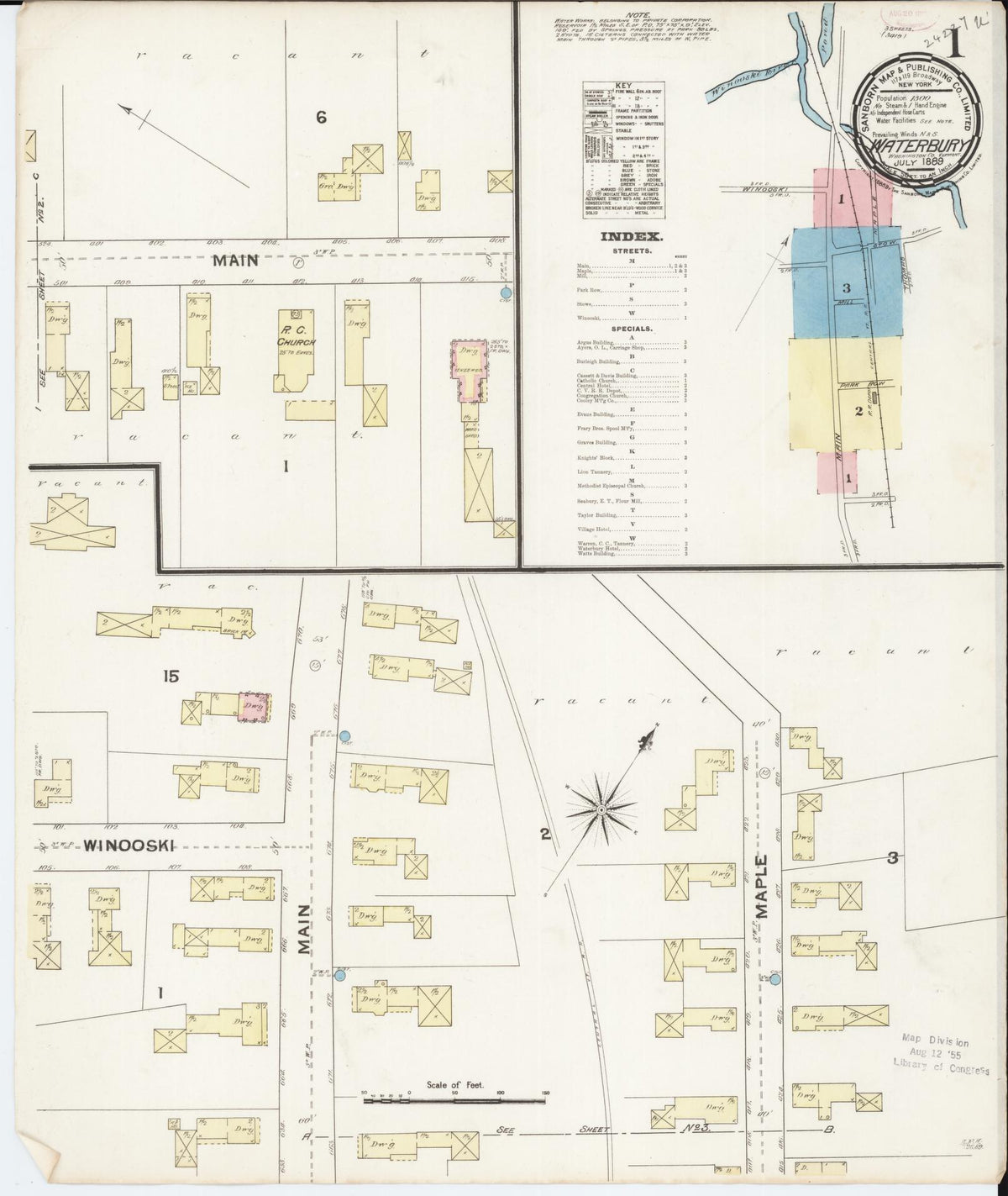 Sanborn Fire Insurance Map from Waterbury, Washington County, Vermont (1889), Sheet #0001 - Historic Sanborn Fire Insurance Map Print, vintage old map wall art, antique decor, genealogy gift, Vermont Vermont map