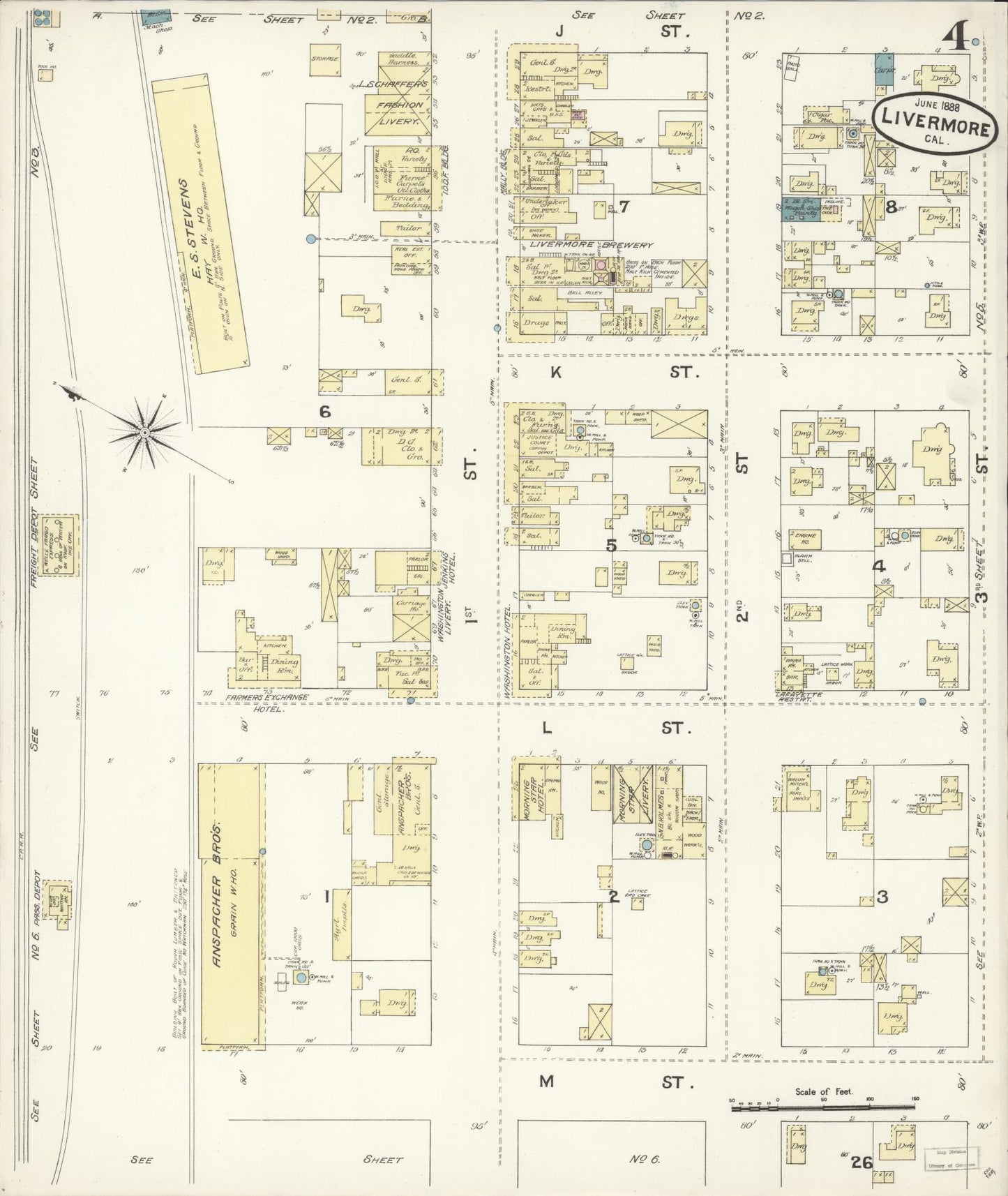 Sanborn Fire Insurance Map from Livermore, Alameda County, California (1888), Sheet #0004 - Historic Sanborn Fire Insurance Map Print, vintage old map wall art, antique decor, genealogy gift, California California map