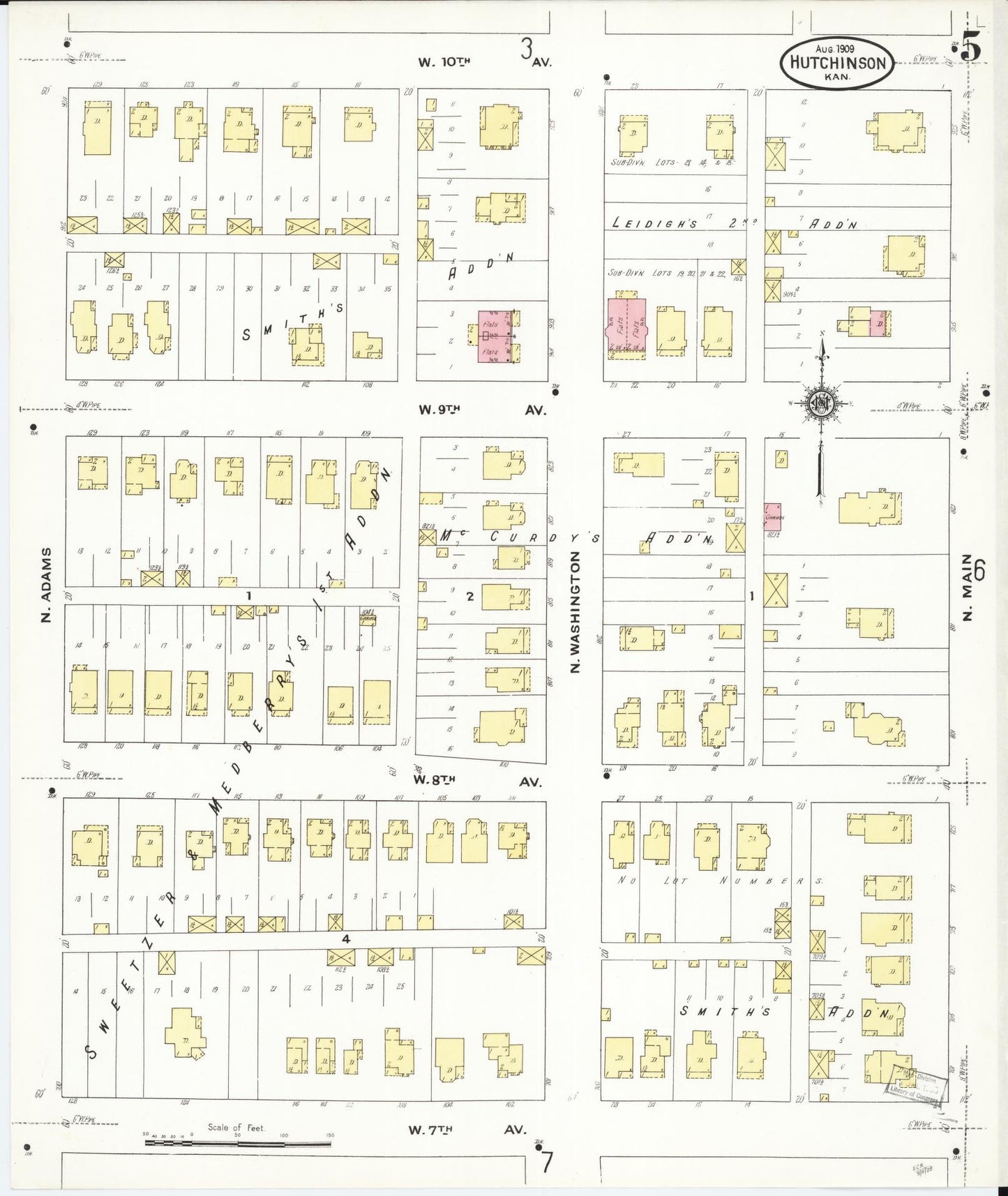 Sanborn Fire Insurance Map from Hutchinson, Reno County, Kansas (1909), Sheet #0005 - Historic Sanborn Fire Insurance Map Print, vintage old map wall art, antique decor, genealogy gift, Kansas Kansas map