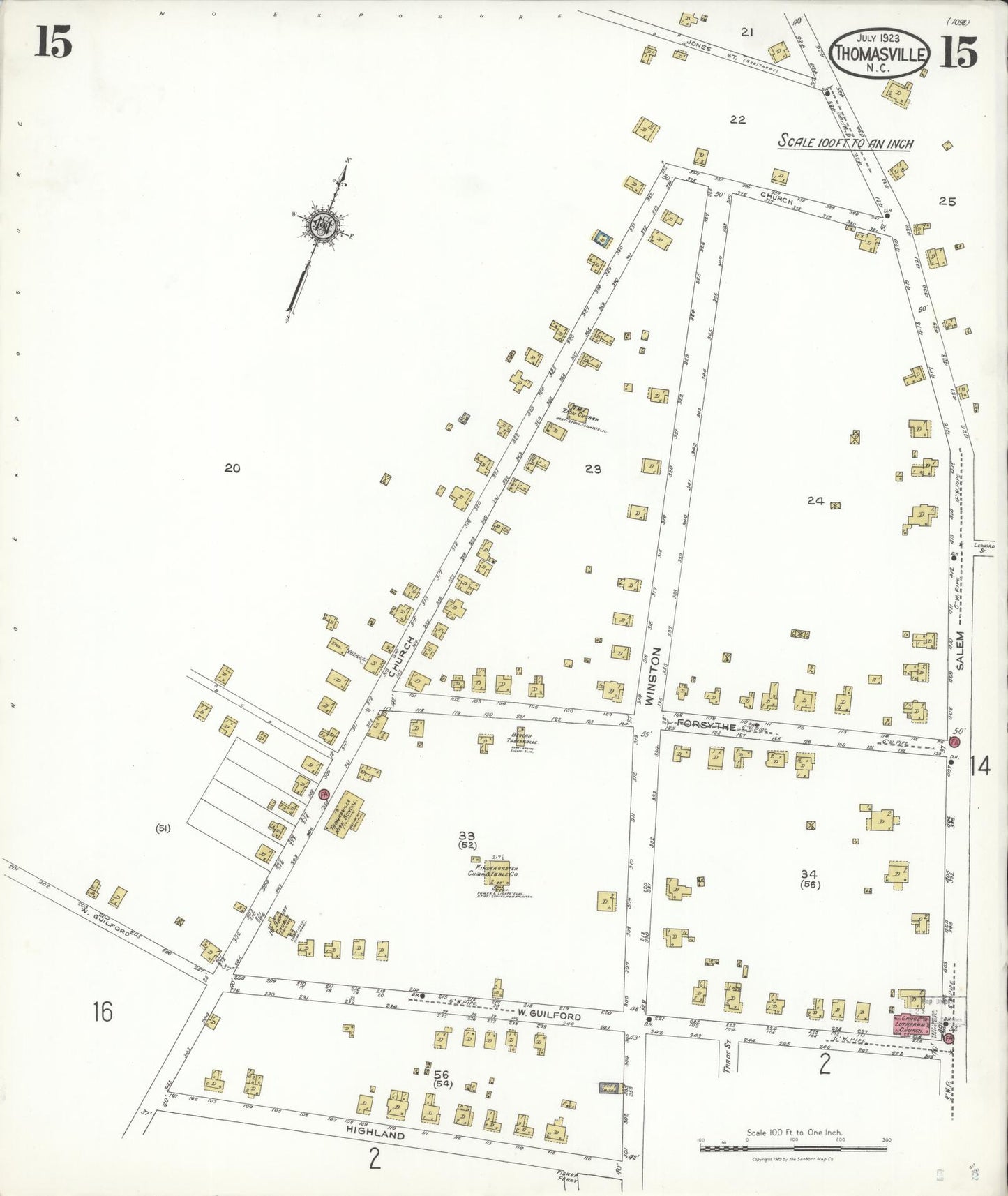 Sanborn Fire Insurance Map from Thomasville, Davidson County, North Carolina (1923), Sheet #0015 - Historic Sanborn Fire Insurance Map Print, vintage old map wall art, antique decor, genealogy gift, North Carolina North Carolina map