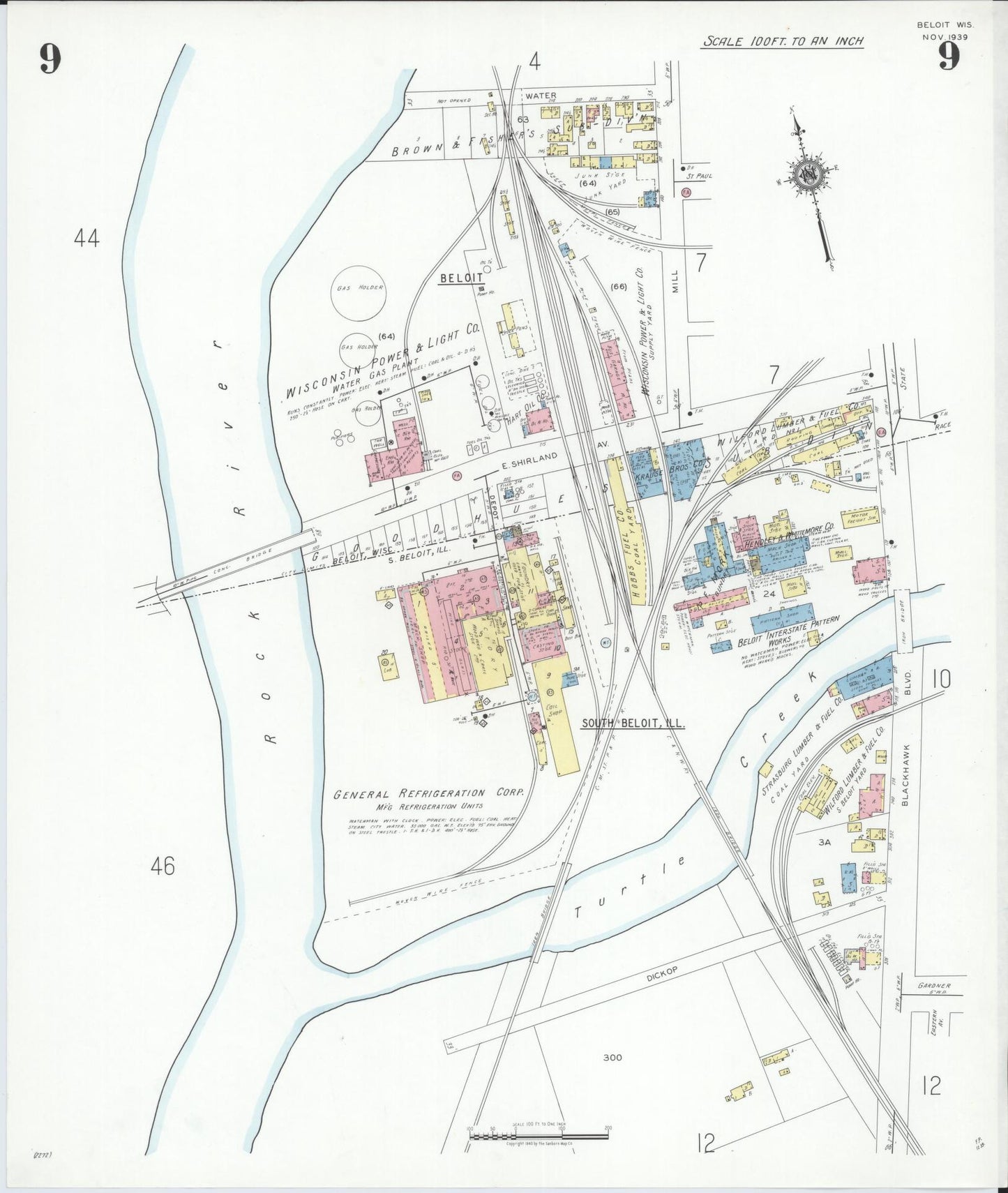 Sanborn Fire Insurance Map from Beloit, Rock County, Wisconsin (1939), Sheet #0009 - Historic Sanborn Fire Insurance Map Print, vintage old map wall art, antique decor, genealogy gift, Wisconsin Wisconsin map