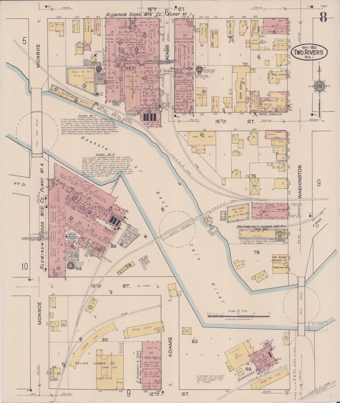 Sanborn Fire Insurance Map from Two Rivers, Manitowoc County, Wisconsin (1922), Sheet #0008 - Historic Sanborn Fire Insurance Map Print, vintage old map wall art, antique decor, genealogy gift, Wisconsin Wisconsin map
