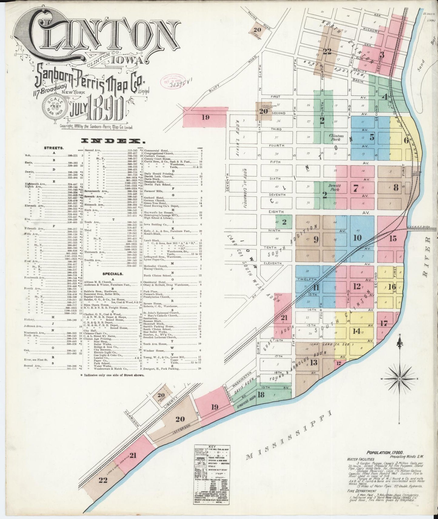 Sanborn Fire Insurance Map from Clinton, Clinton County, Iowa (1890), Sheet #0001 - Historic Sanborn Fire Insurance Map Print, vintage old map wall art