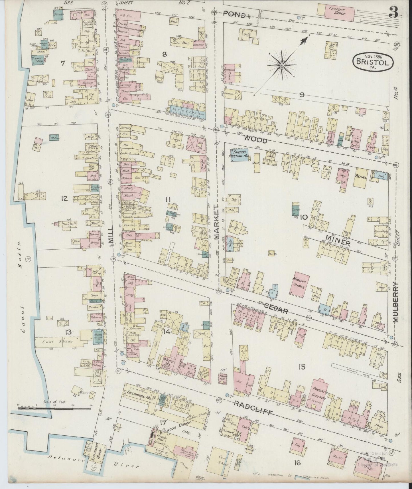 Sanborn Fire Insurance Map from Bristol, Bucks County, Pennsylvania (1886), Sheet #0003 - Historic Sanborn Fire Insurance Map Print, vintage old map wall art, antique decor, genealogy gift, Pennsylvania Pennsylvania map