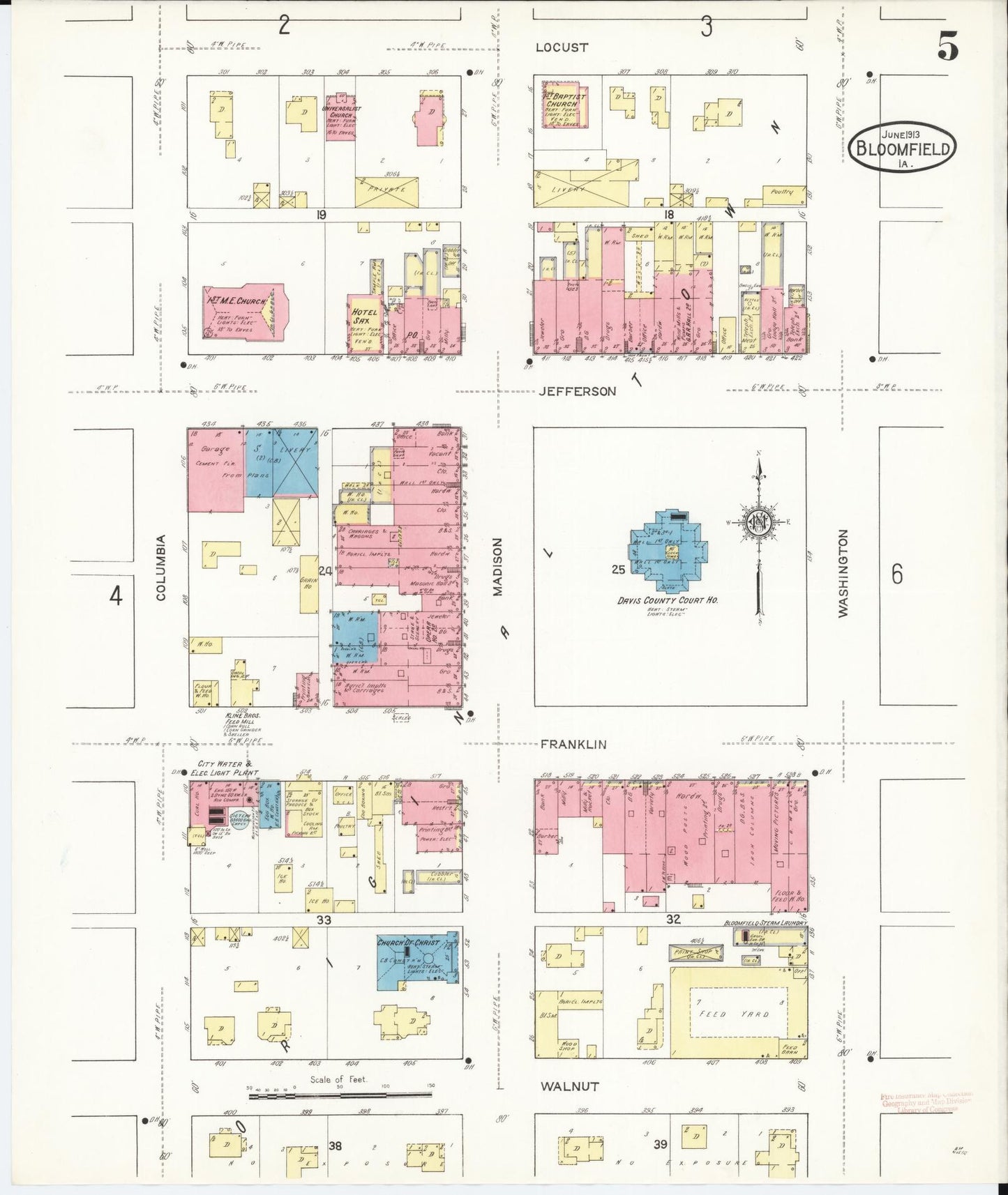 Sanborn Fire Insurance Map from Bloomfield, Davis County, Iowa (1913), Sheet #0005 - Historic Sanborn Fire Insurance Map Print, vintage old map wall art