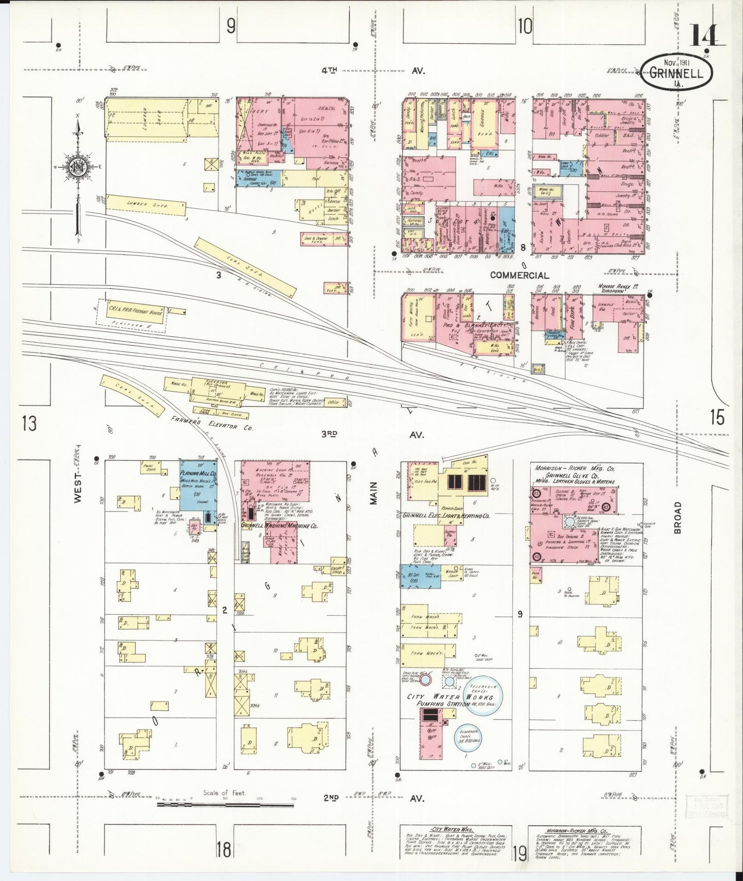 Sanborn Fire Insurance Map from Grinnell, Poweshiek County, Iowa (1911), Sheet #0014 - Historic Sanborn Fire Insurance Map Print, vintage old map wall art