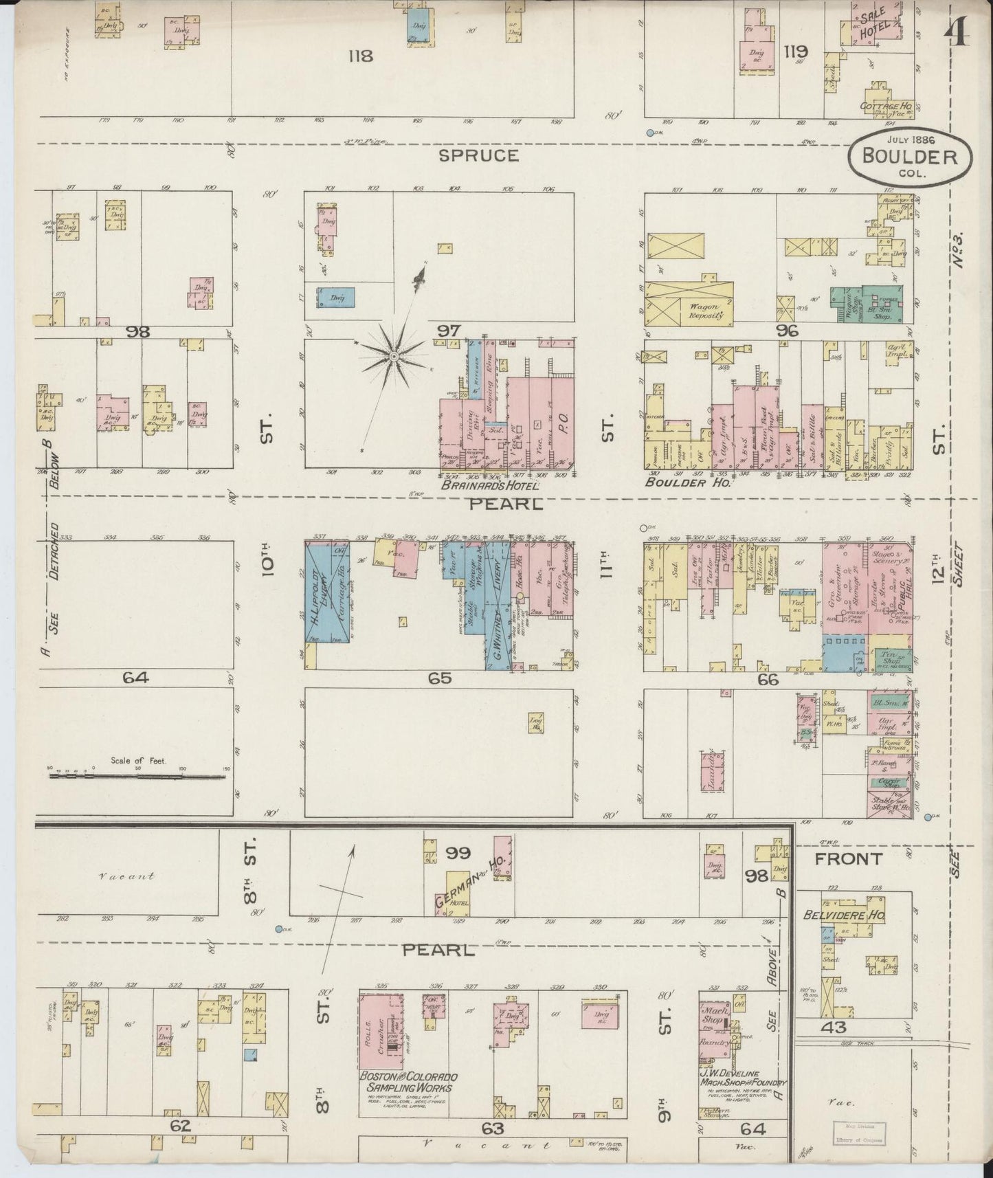 Sanborn Fire Insurance Map from Boulder, Boulder County, Colorado (1886), Sheet #0004 - Historic Sanborn Fire Insurance Map Print, vintage old map wall art, antique decor, genealogy gift, Colorado Colorado map