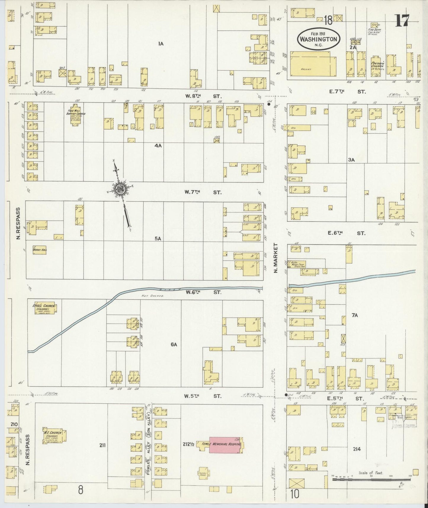 Sanborn Fire Insurance Map from Washington, Beaufort County, North Carolina (1911), Sheet #0017 - Historic Sanborn Fire Insurance Map Print, vintage old map wall art, antique decor, genealogy gift, Washington Washington map