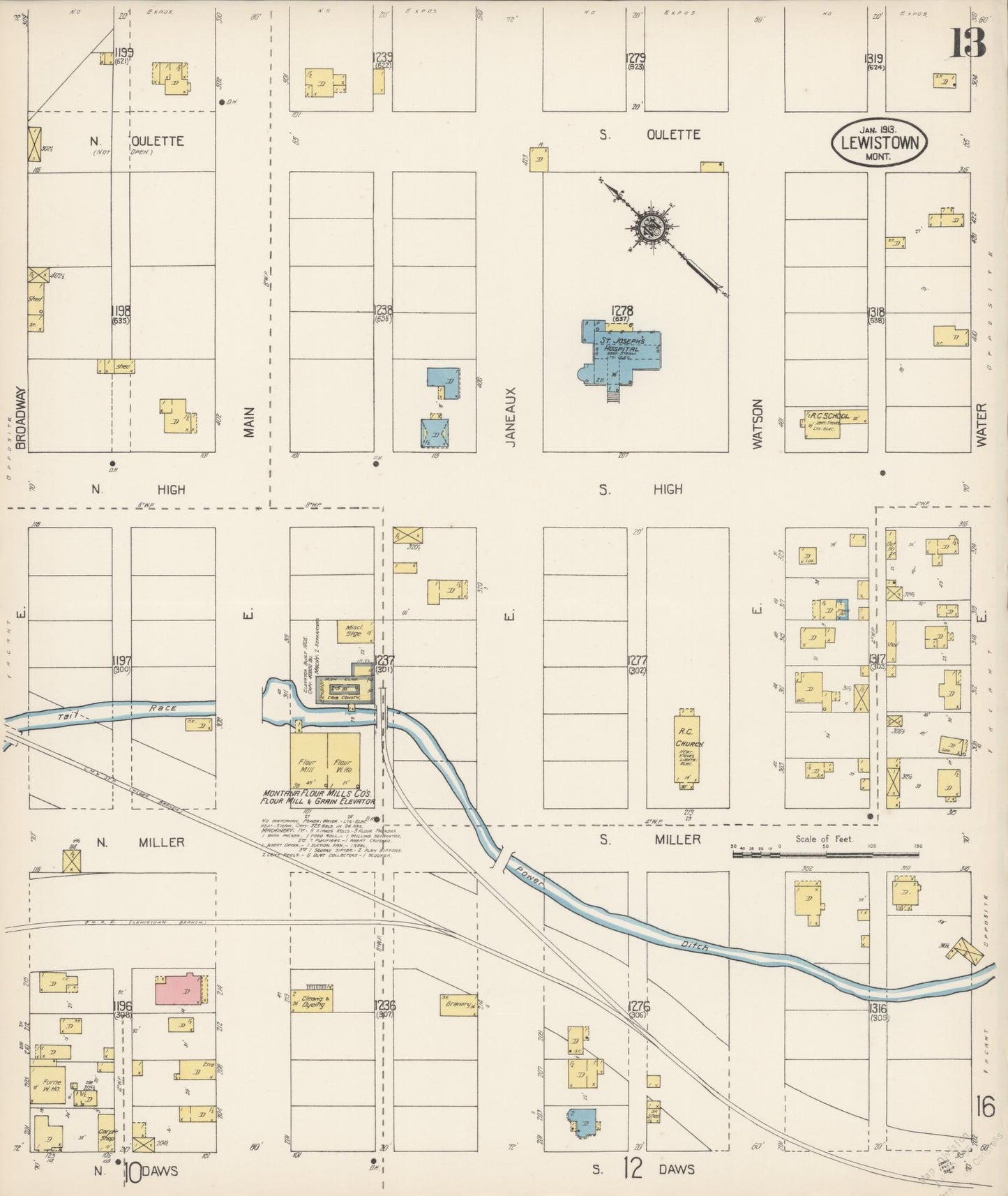 Sanborn Fire Insurance Map from Lewistown, Fergus County, Montana (1913), Sheet #0013 - Historic Sanborn Fire Insurance Map Print, vintage old map wall art, antique decor, genealogy gift, Montana Montana map