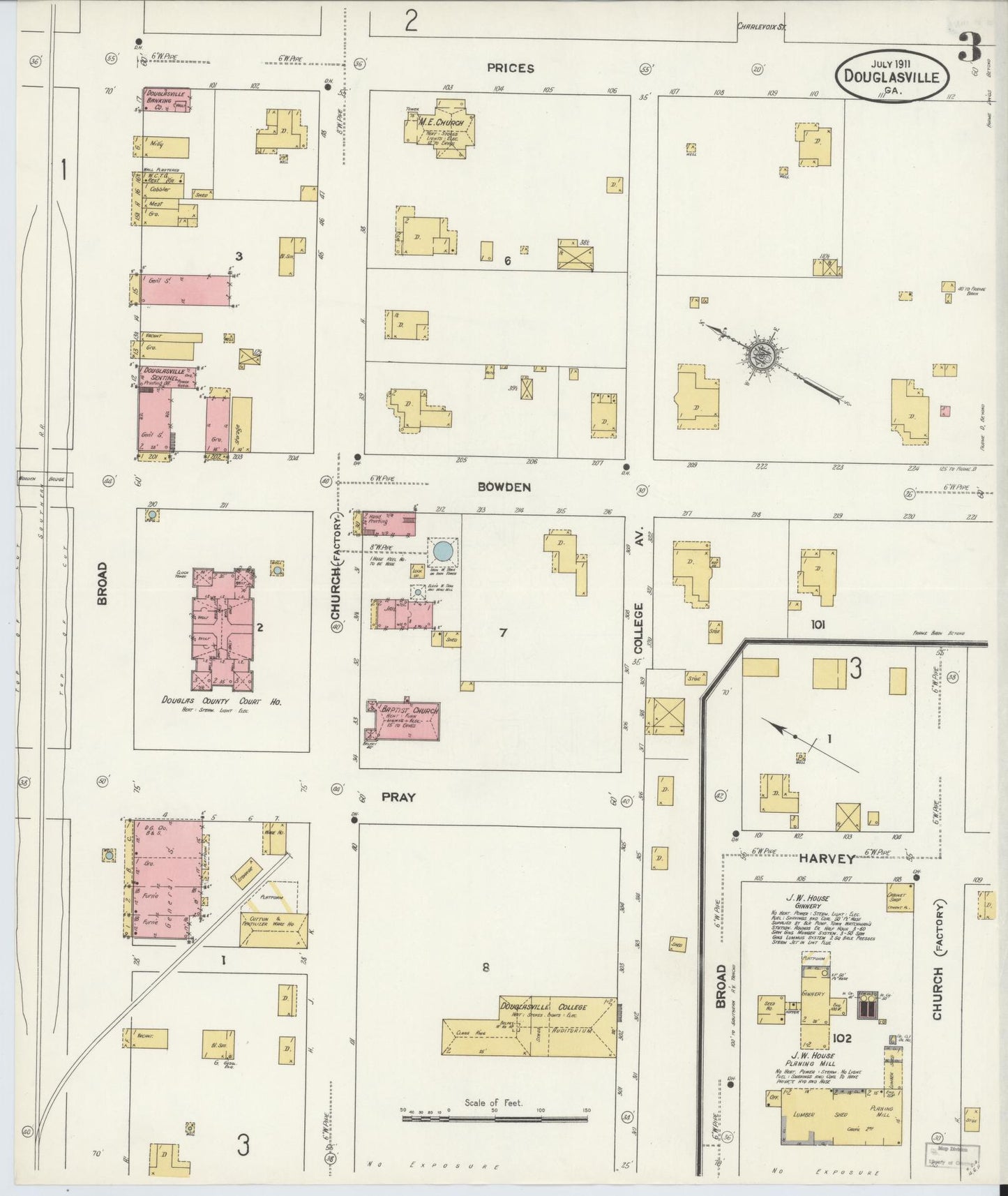 Sanborn Fire Insurance Map from Douglasville, Douglas County, Georgia (1911), Sheet #0003 - Historic Sanborn Fire Insurance Map Print, vintage old map wall art, antique decor, genealogy gift, Georgia Georgia map
