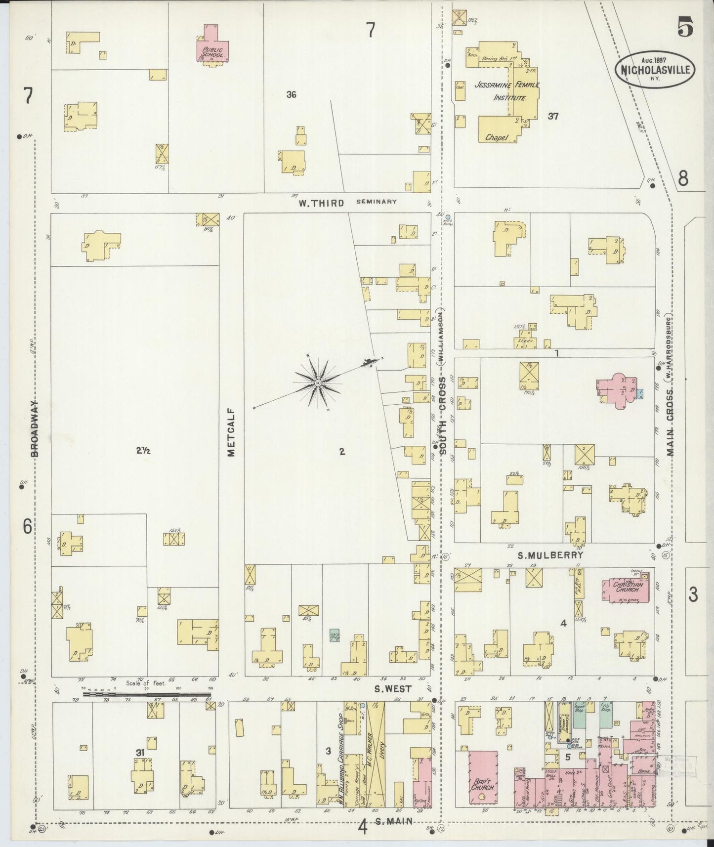 Sanborn Fire Insurance Map from Nicholasville, Jessamine County, Kentucky (1897), Sheet #0005 - Historic Sanborn Fire Insurance Map Print, vintage old map wall art, antique decor, genealogy gift, Kentucky Kentucky map