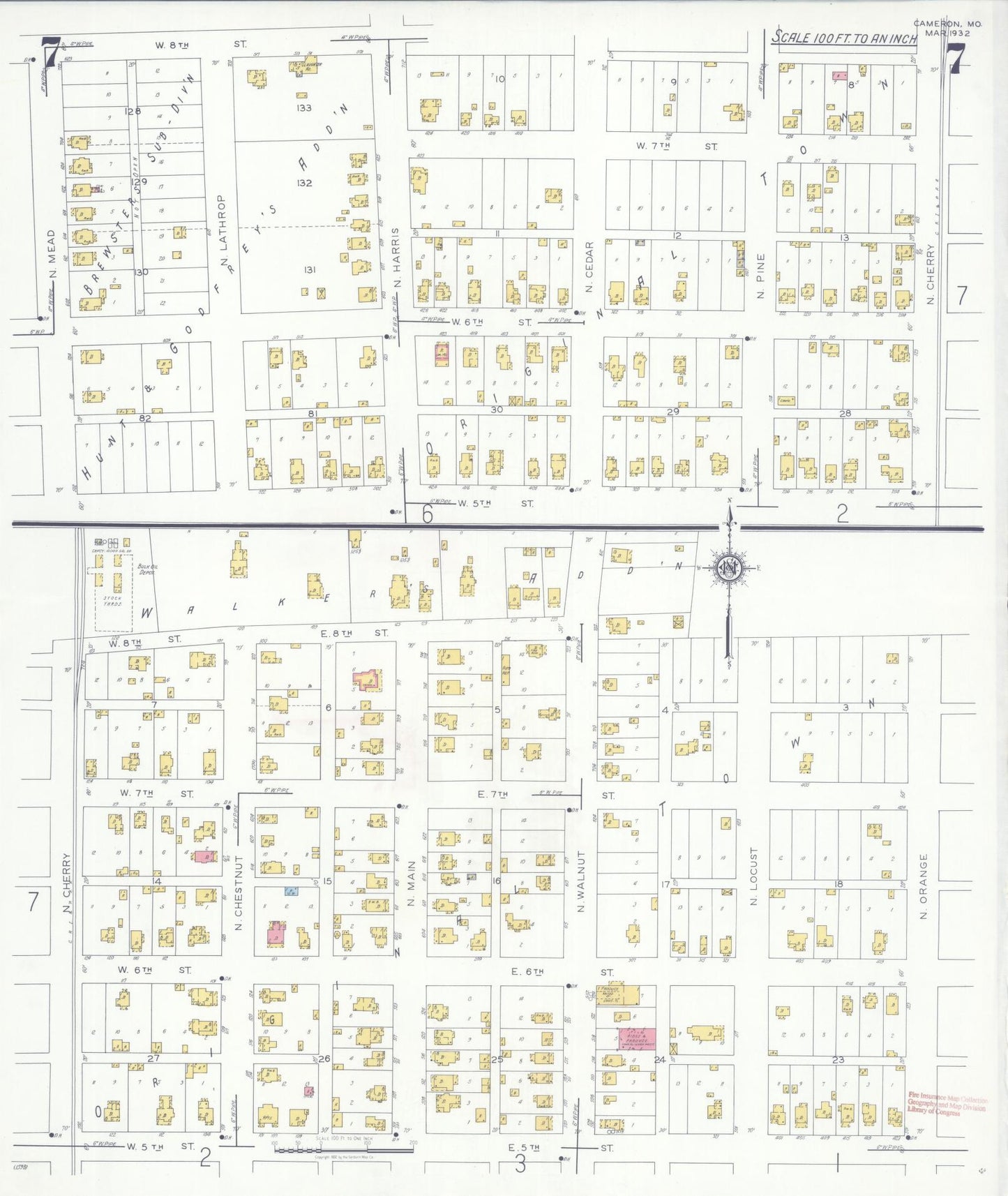 Sanborn Fire Insurance Map from Cameron, Clinton County, Missouri (1932), Sheet #0007 - Historic Sanborn Fire Insurance Map Print, vintage old map wall art, antique decor, genealogy gift, Missouri Missouri map