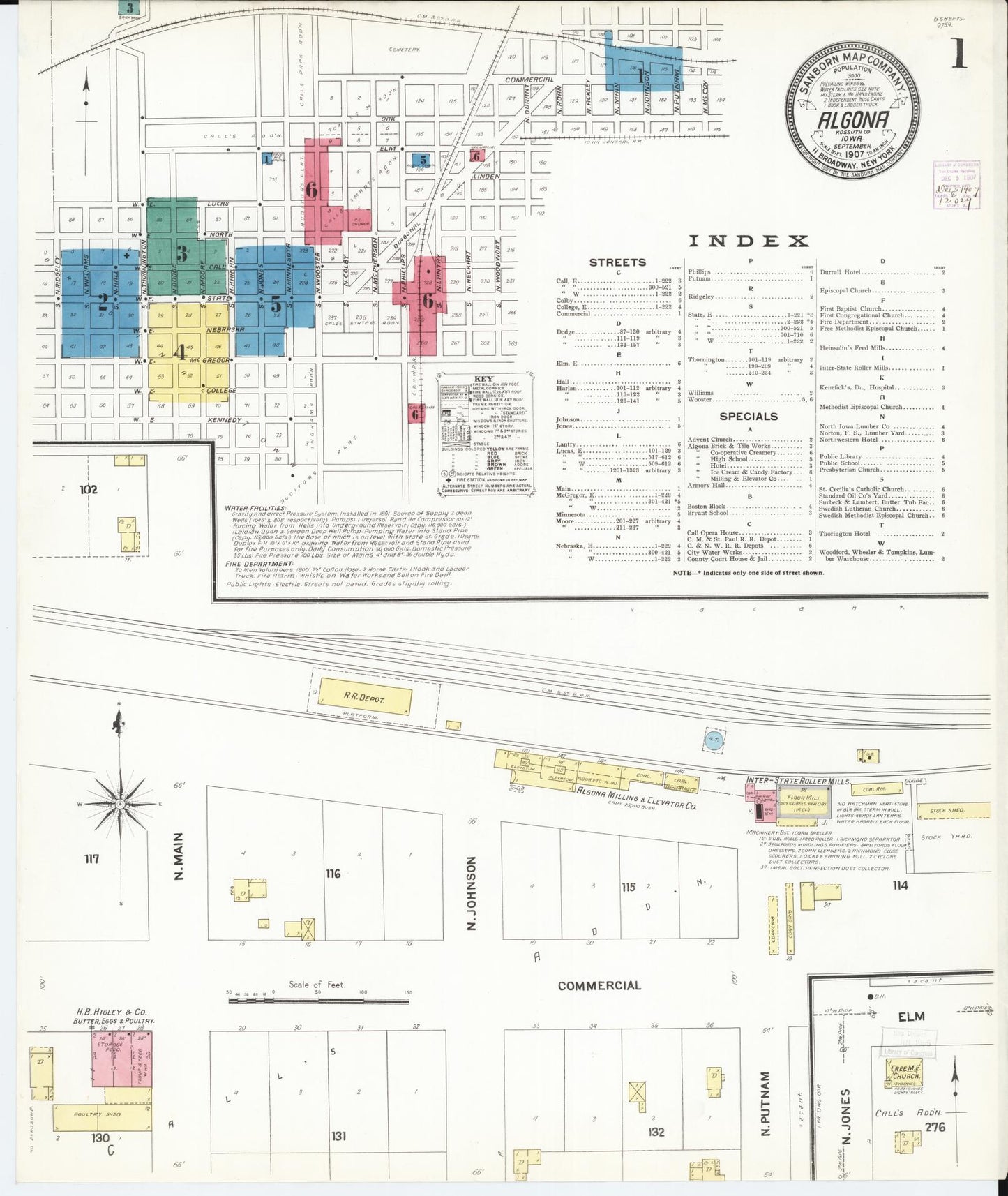 Sanborn Fire Insurance Map from Algona, Kossuth County, Iowa (1907), Sheet #0001 - Historic Sanborn Fire Insurance Map Print, vintage old map wall art
