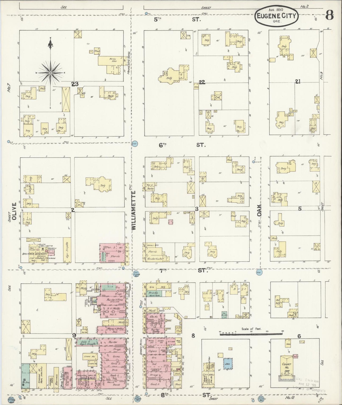 Sanborn Fire Insurance Map from Eugene, Lane County, Oregon (1890), Sheet #0008 - Historic Sanborn Fire Insurance Map Print, vintage old map wall art, antique decor, genealogy gift, Oregon Oregon map