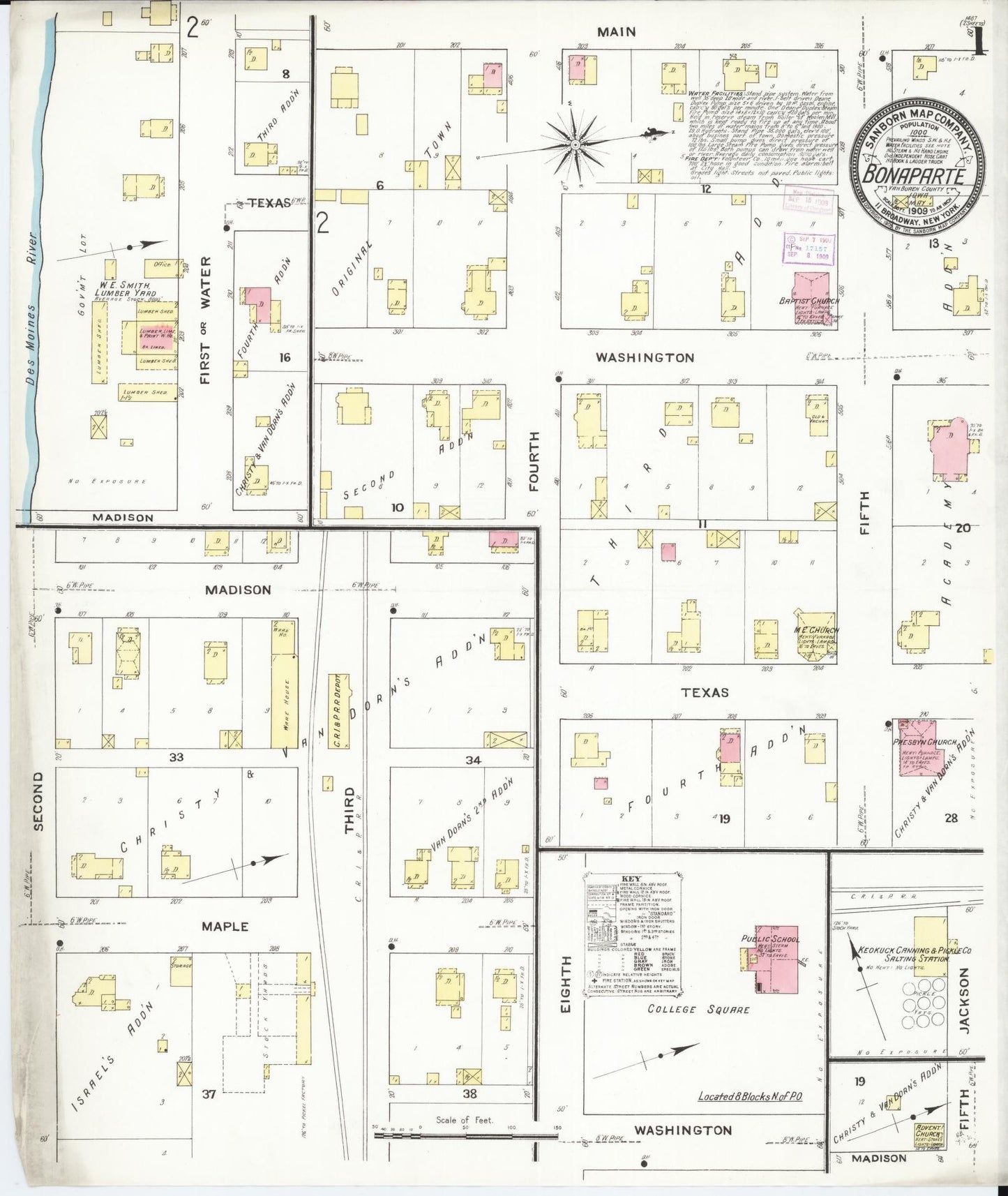 Sanborn Fire Insurance Map from Bonaparte, Van Buren County, Iowa (1909), Sheet #0001 - Historic Sanborn Fire Insurance Map Print, vintage old map wall art