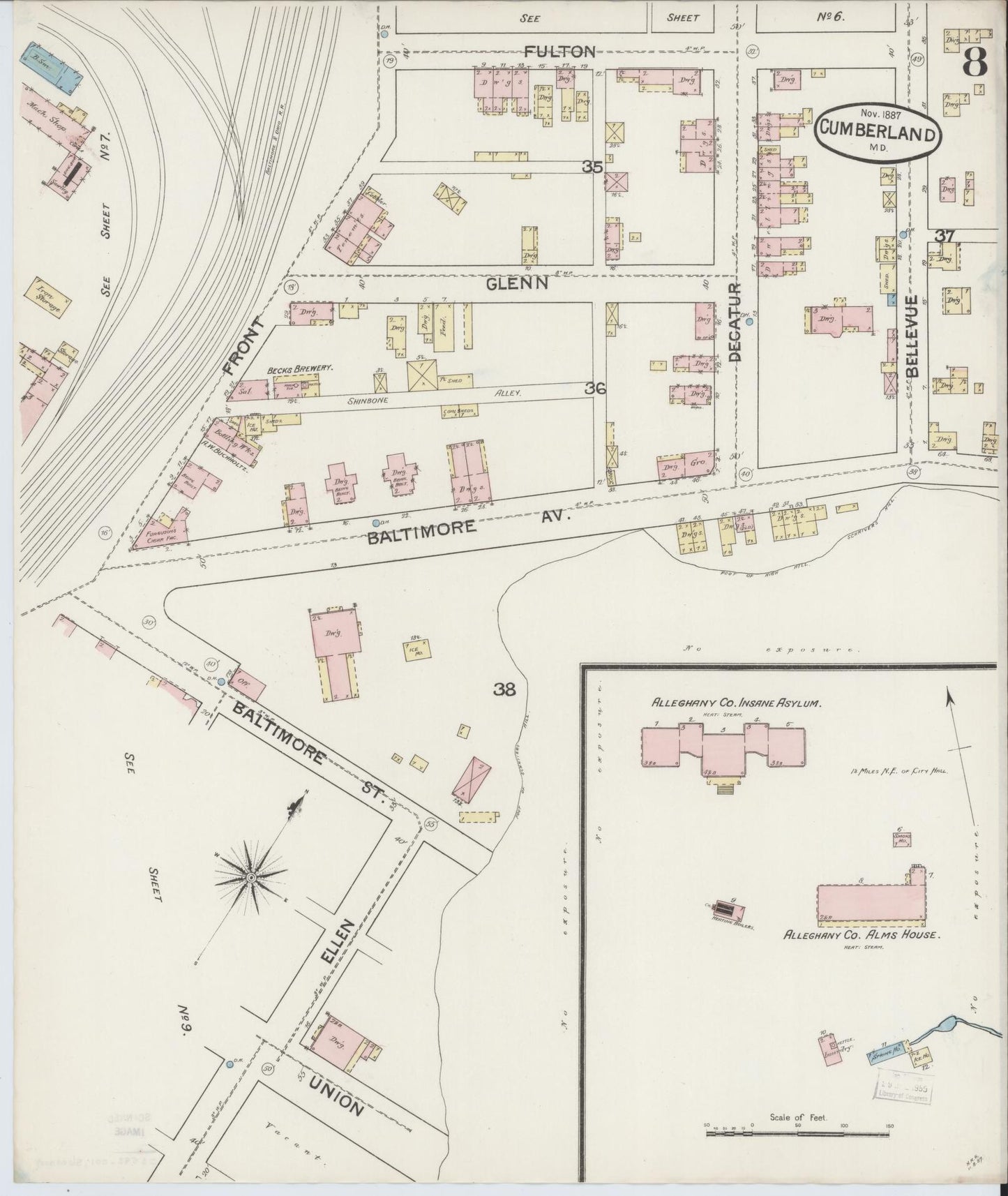 Sanborn Fire Insurance Map from Cumberland, Allegany County, Maryland (1887), Sheet #0008 - Historic Sanborn Fire Insurance Map Print, vintage old map wall art, antique decor, genealogy gift, Maryland Maryland map